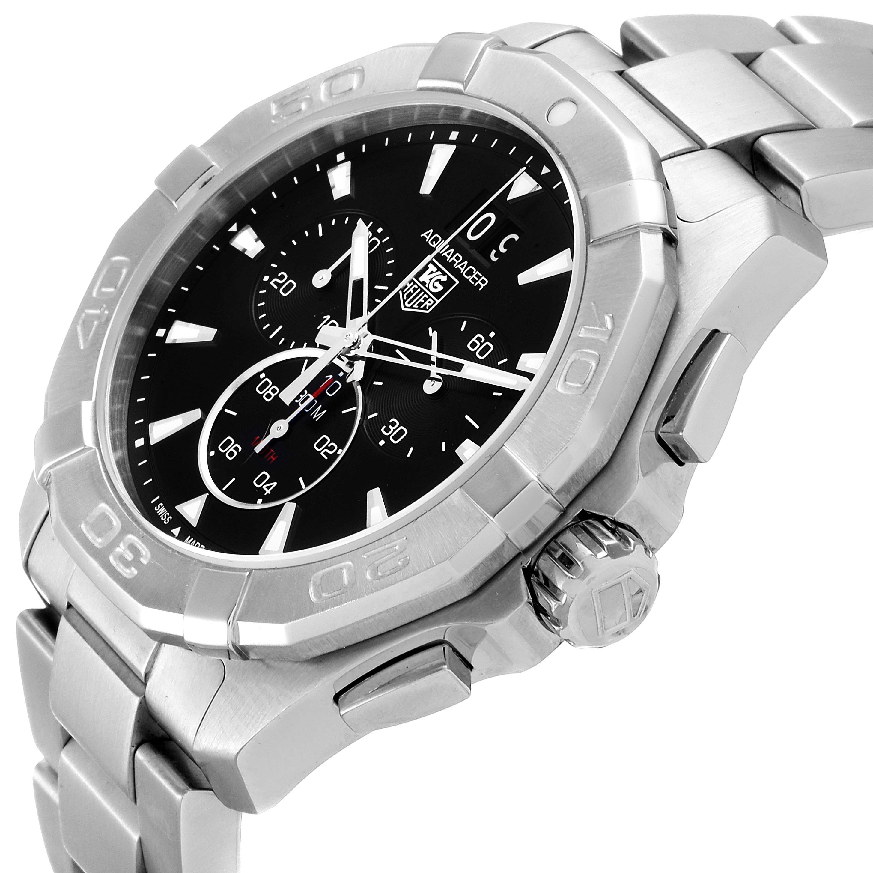 This image shows a close-up angle of the Tag Heuer Aquaracer CAY1110.BA0927 Men
s Stainless Steel Black Dial CAY1110.BA0927 Men
s Stainless Steel Black Dial watch, highlighting its bezel, dial, and bracelet.