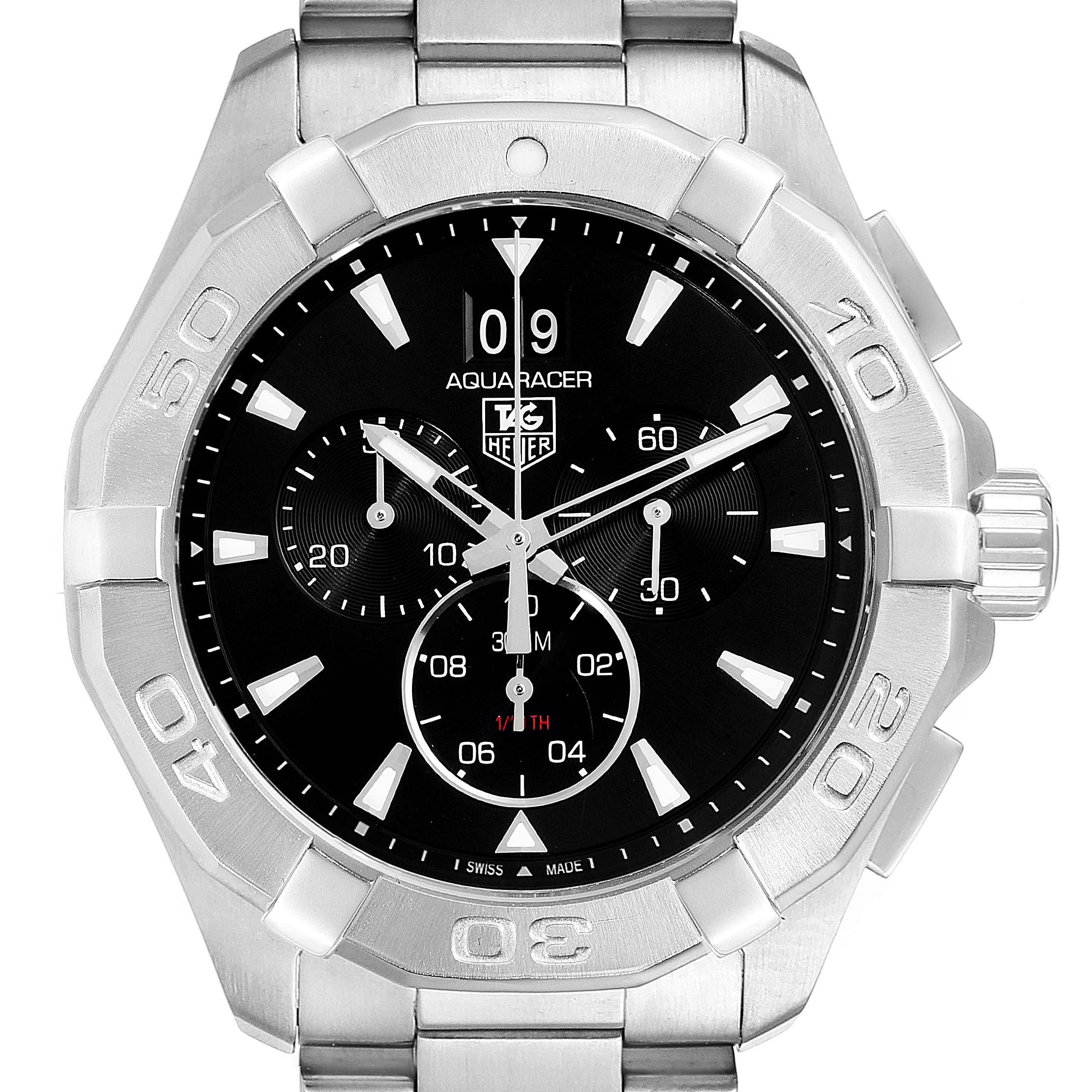 This image shows a front view of the Tag Heuer Aquaracer CAY1110.BA0927 Men
s Stainless Steel Black Dial CAY1110.BA0927 Men
s Stainless Steel Black Dial watch, highlighting its bezel, dial, and chronograph subdials.
