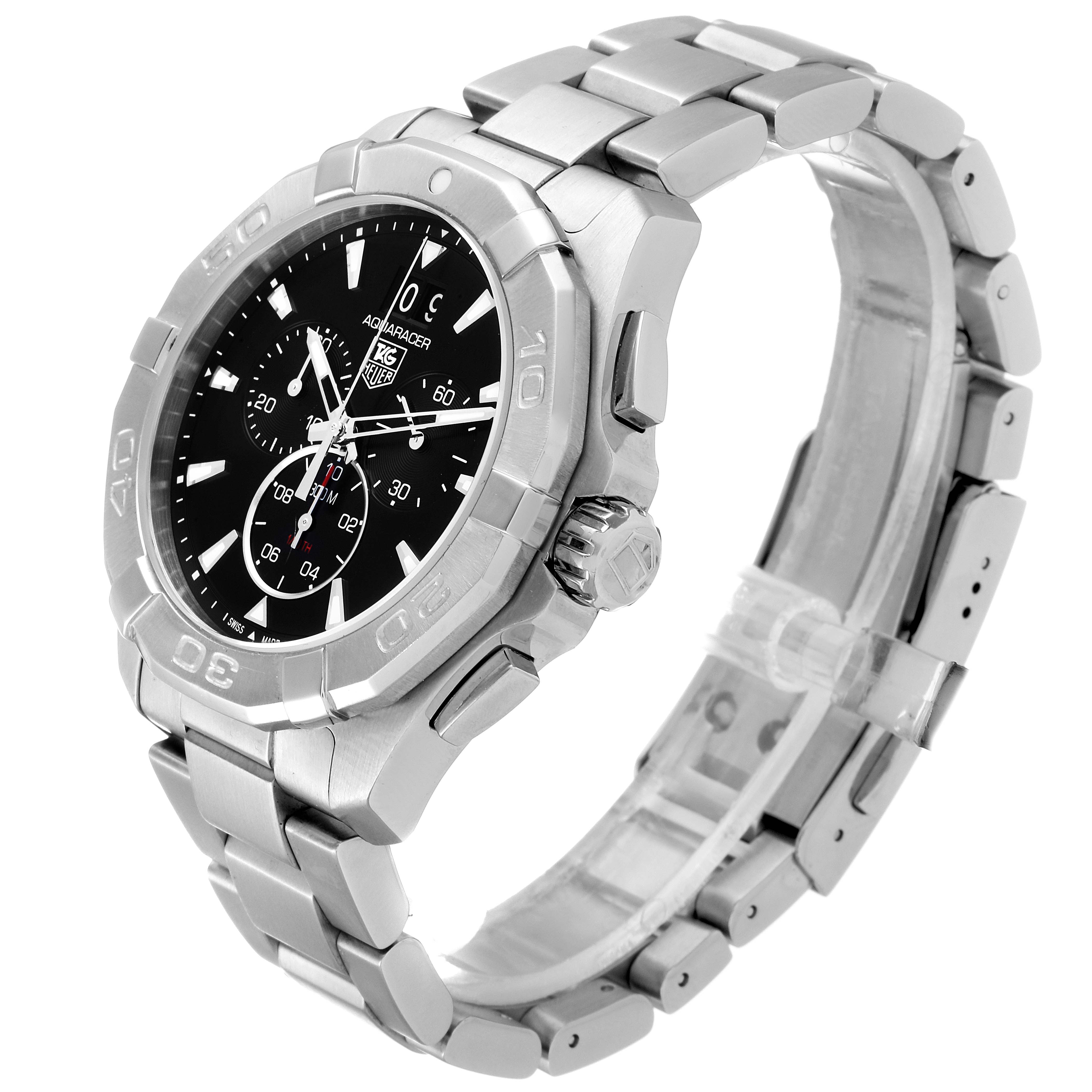 The image shows a Tag Heuer Aquaracer CAY1110.BA0927 Men
s Stainless Steel Black Dial CAY1110.BA0927 Men
s Stainless Steel Black Dial watch captured at a three-quarter angle, highlighting its bezel, dial, crown, and bracelet.
