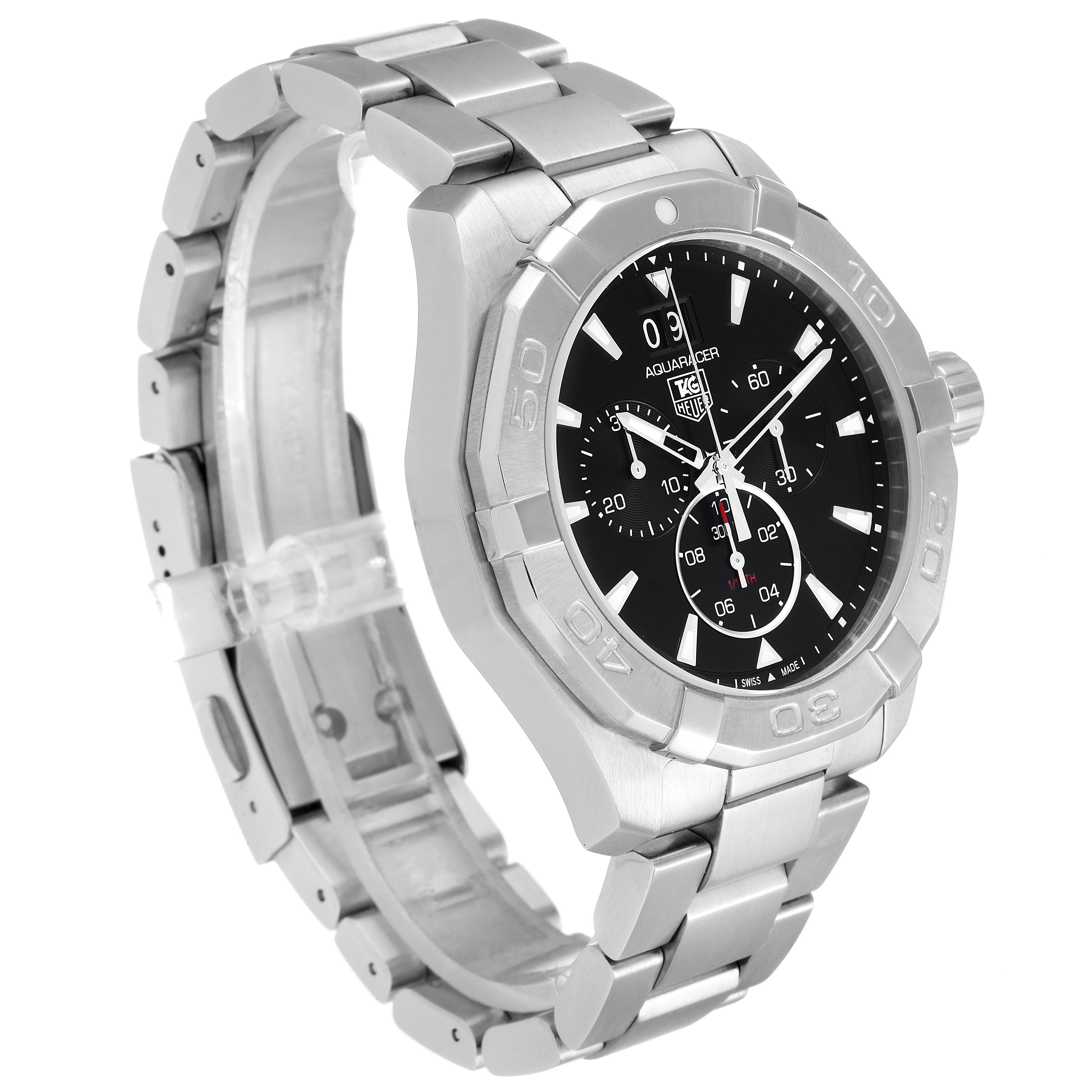 The image shows a Tag Heuer Aquaracer CAY1110.BA0927 Men
s Stainless Steel Black Dial CAY1110.BA0927 Men
s Stainless Steel Black Dial watch at an angled side view, displaying its bracelet, face, and bezel.