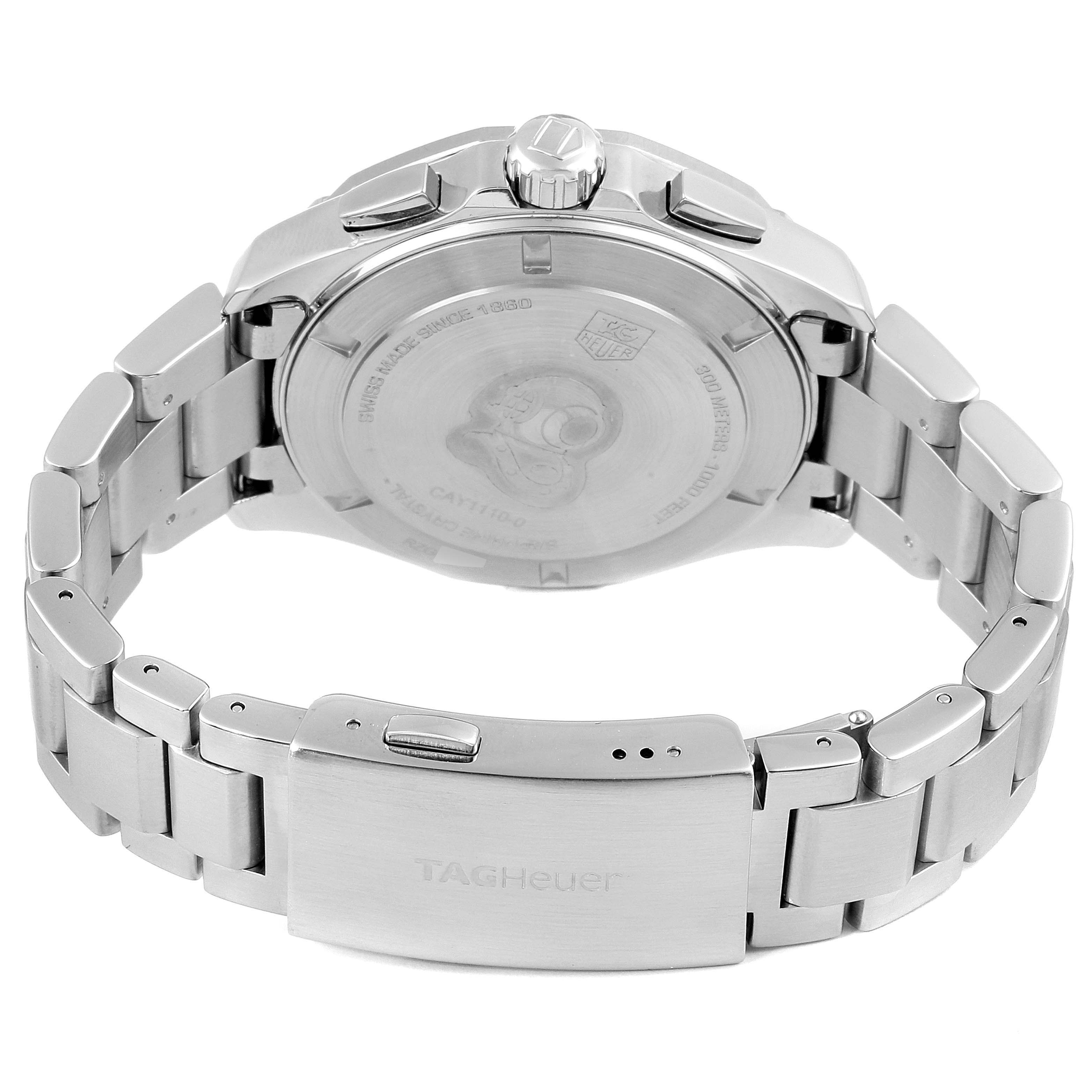 The image shows the back view of the Tag Heuer Aquaracer CAY1110.BA0927 Men
s Stainless Steel Black Dial CAY1110.BA0927 Men
s Stainless Steel Black Dial watch, highlighting its case back, crown, and metal bracelet with clasp.