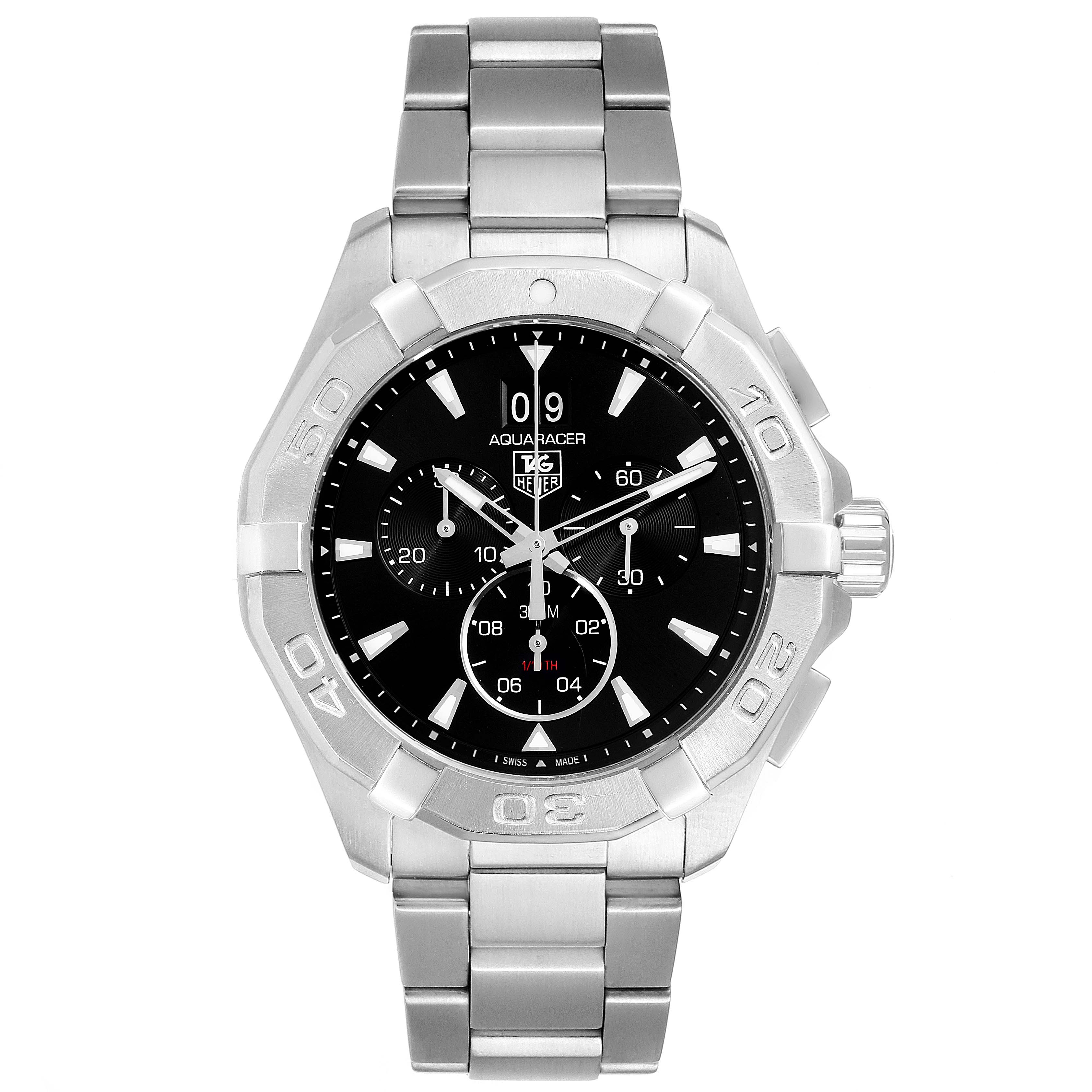 The image shows a front view of a Tag Heuer Aquaracer CAY1110.BA0927 Men
s Stainless Steel Black Dial CAY1110.BA0927 Men
s Stainless Steel Black Dial watch with a stainless steel band and black dial.