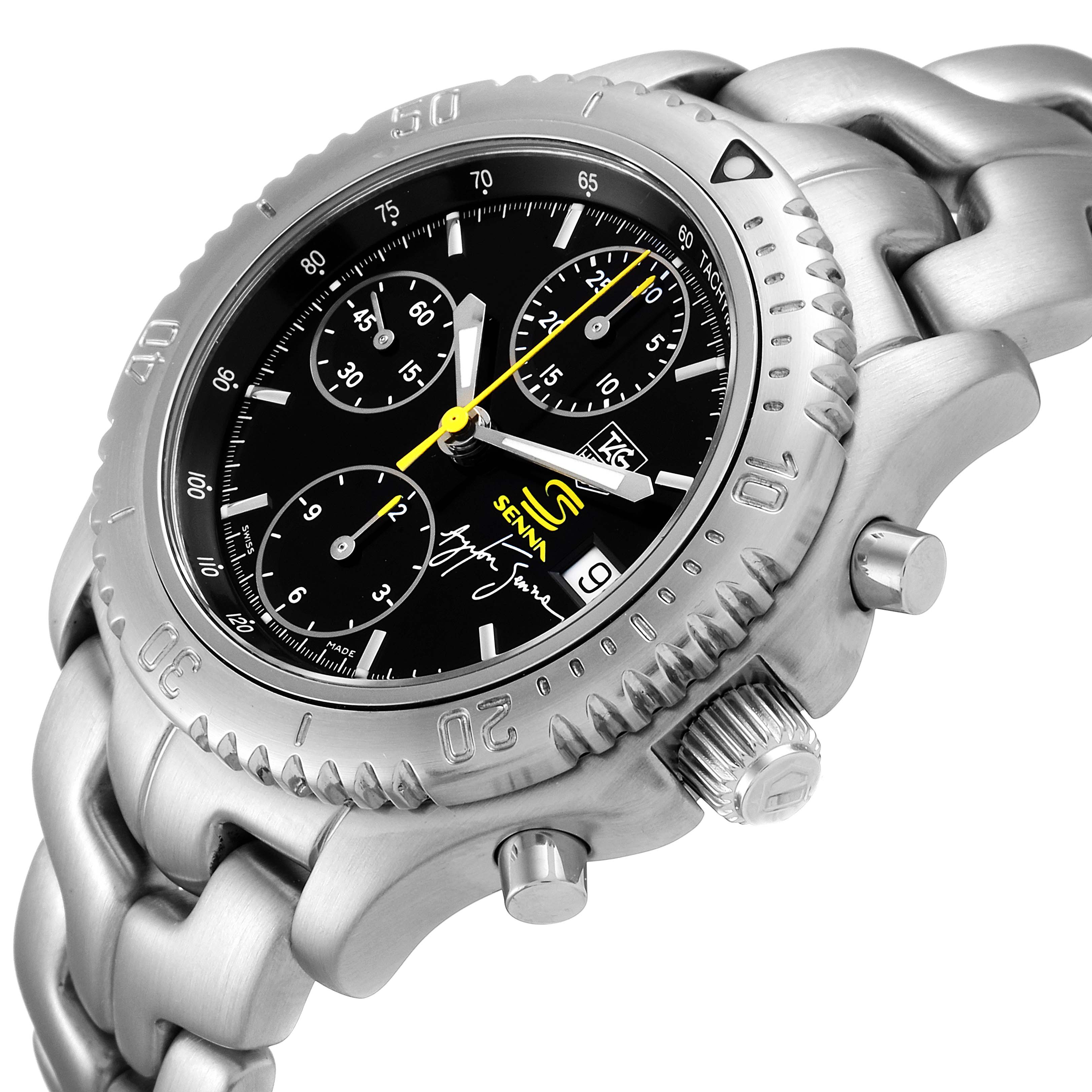 The image shows a close-up angled view of the Tag Heuer Link CT2115 Men's Stainless Steel Black Dial CT2115 Men's Stainless Steel Black Dial model watch, displaying its face, bezel, crown, and part of the bracelet.