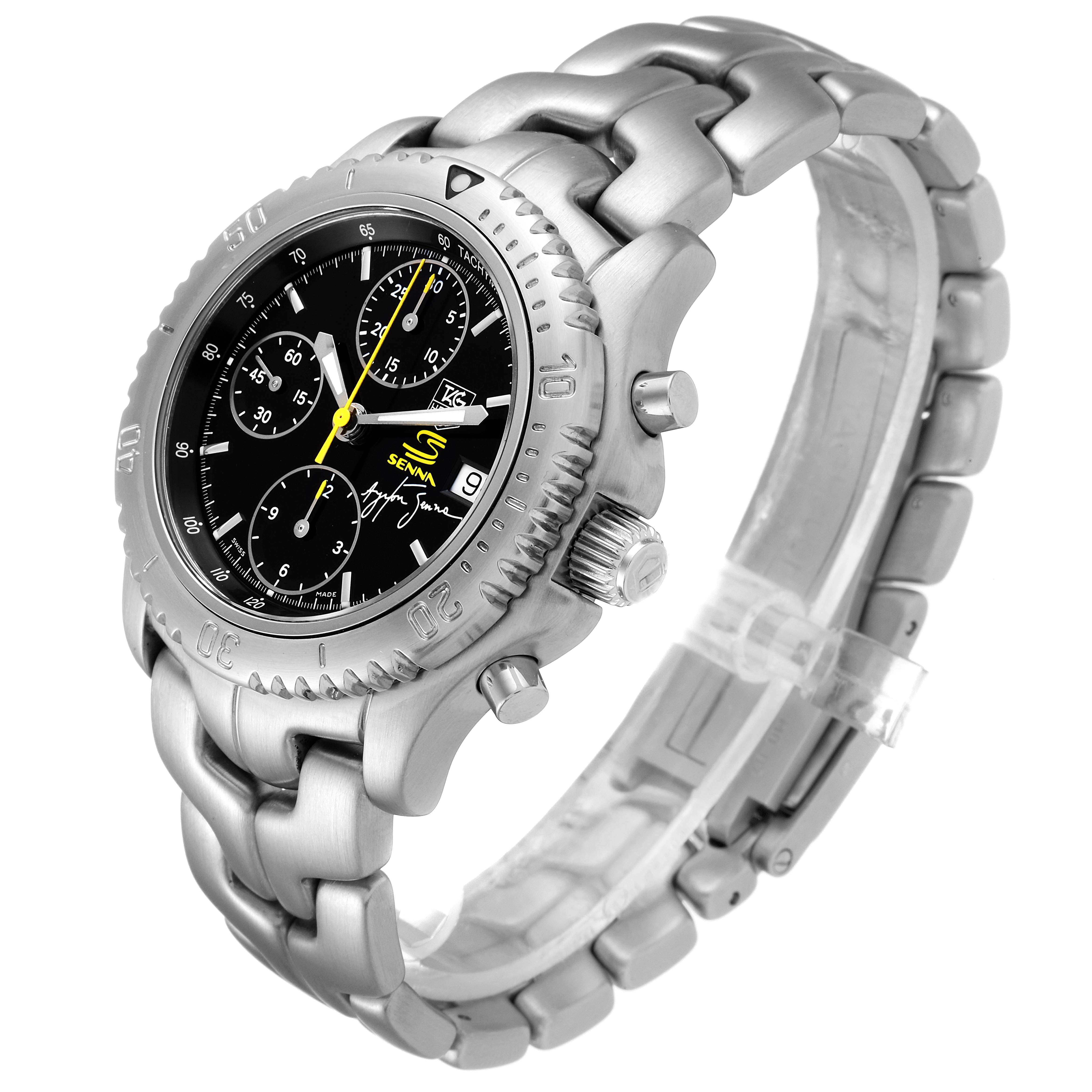 The image shows a Tag Heuer Link CT2115 Men's Stainless Steel Black Dial CT2115 Men's Stainless Steel Black Dial model watch from a side angle, highlighting its stainless steel bracelet, bezel, and chronograph dials.