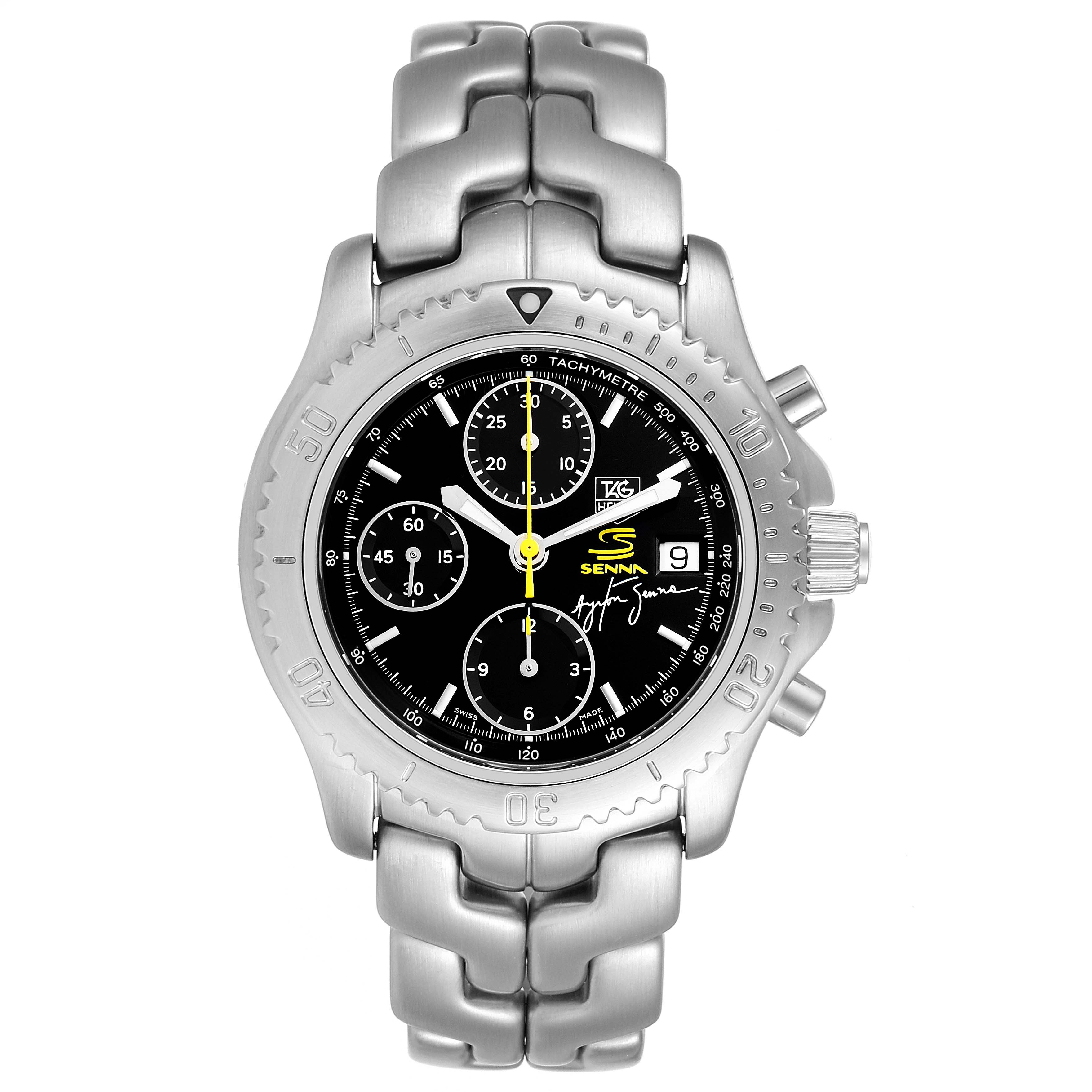 The image shows a front view of the Tag Heuer Link CT2115 Men's Stainless Steel Black Dial CT2115 Men's Stainless Steel Black Dial watch, showcasing its face, bezel, buttons, and part of the metal band.