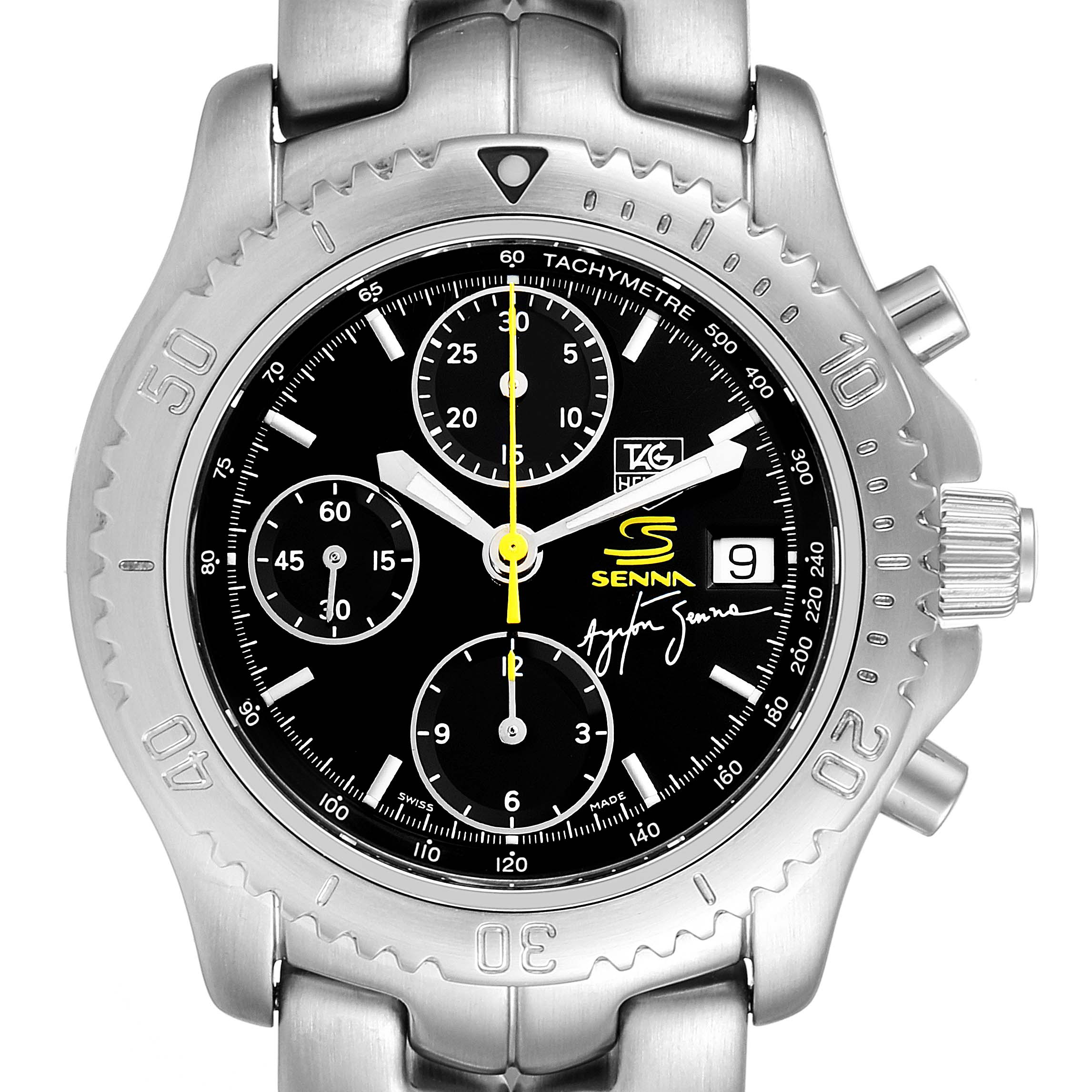 The Tag Heuer Link CT2115 Men's Stainless Steel Black Dial CT2115 Men's Stainless Steel Black Dial model watch is shown from a top-down angle, highlighting the face, bezel, and part of the band.