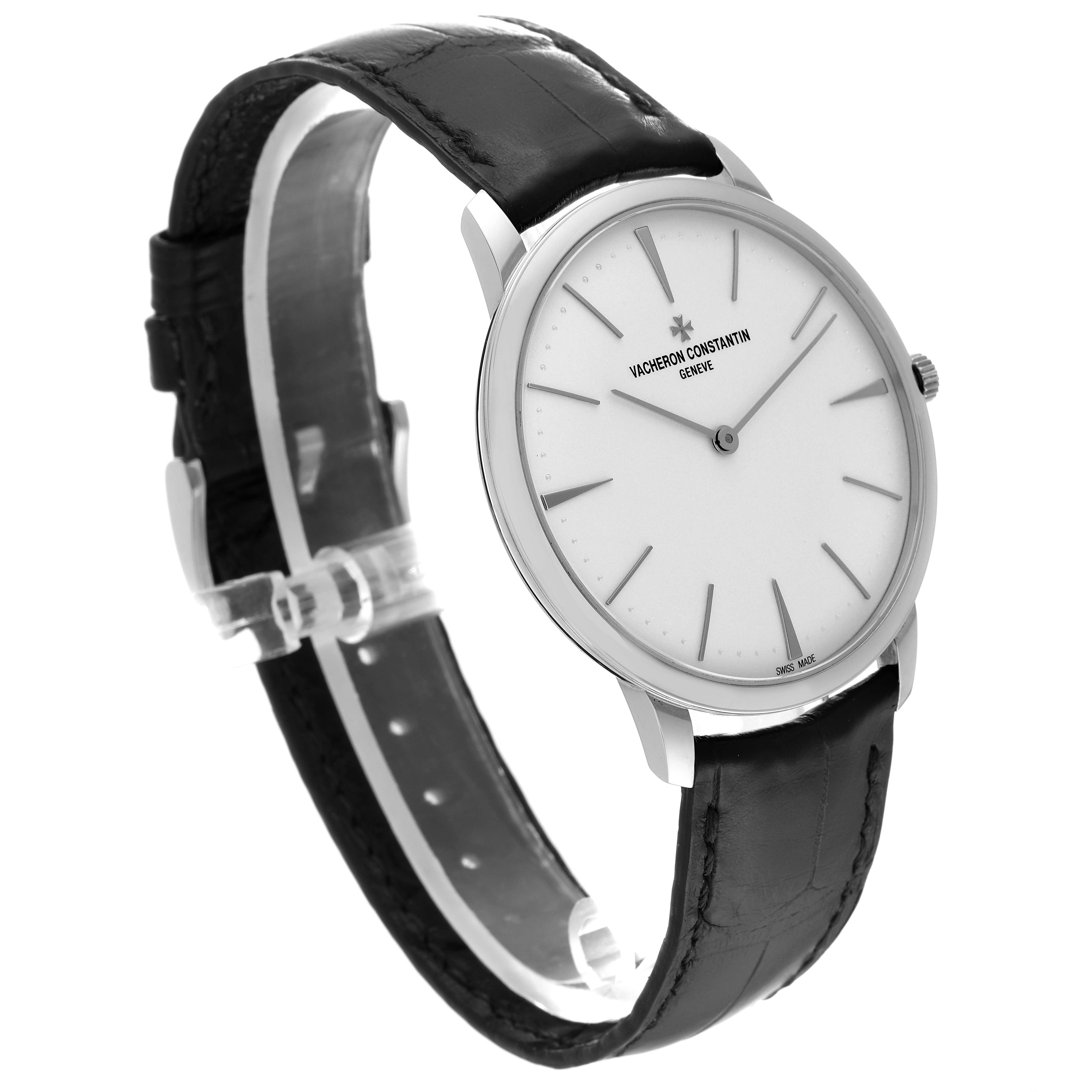 This image of the Vacheron Constantin Patrimony 81180/000G-9117 Men's White Gold Silver Dial 81180/000G-9117 Men's White Gold Silver Dial watch shows a side-angle view, highlighting its face, bezel, and leather strap.