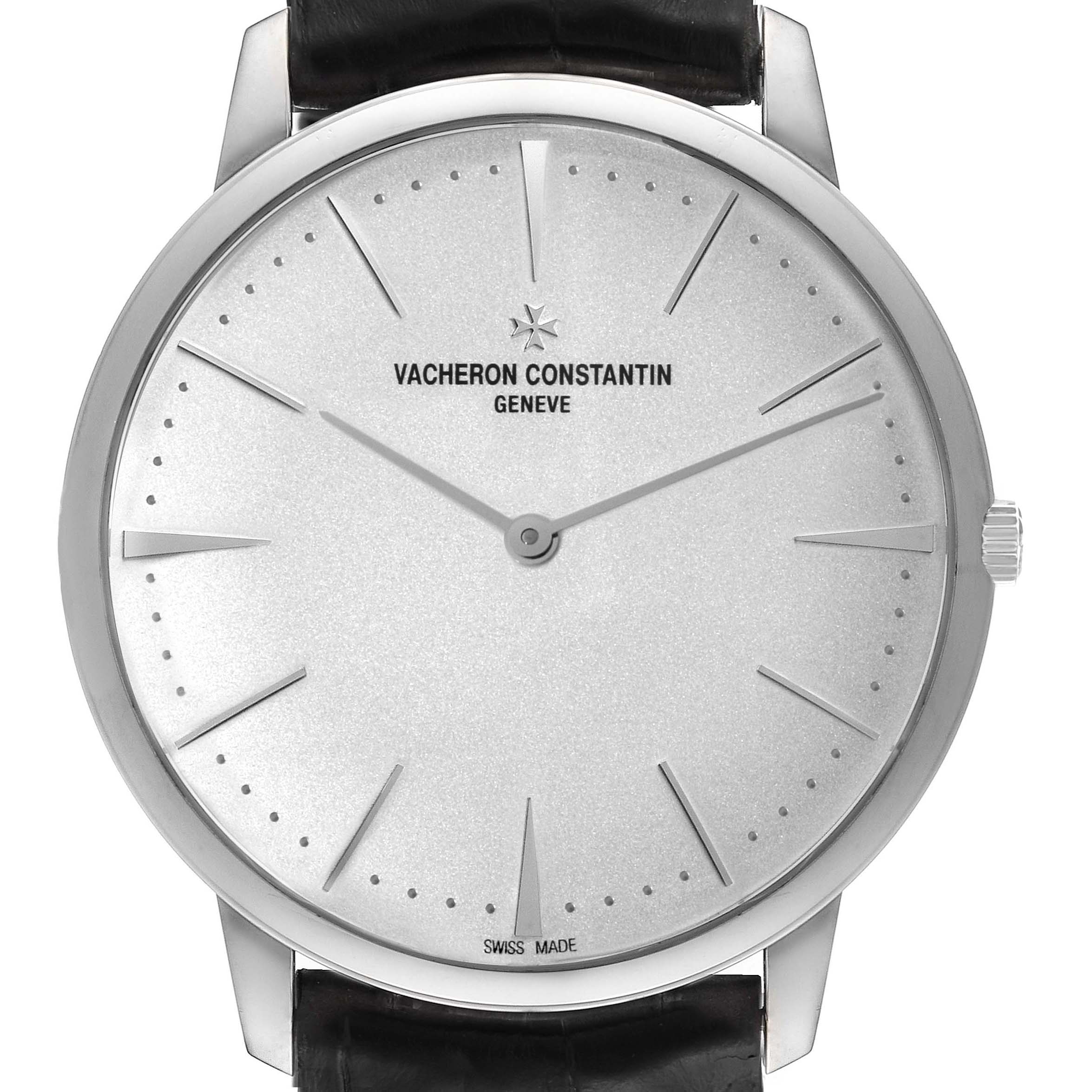 The image shows a front view of a Vacheron Constantin Patrimony 81180/000G-9117 Men's White Gold Silver Dial 81180/000G-9117 Men's White Gold Silver Dial watch, featuring its silver dial, hour markers, and leather strap.