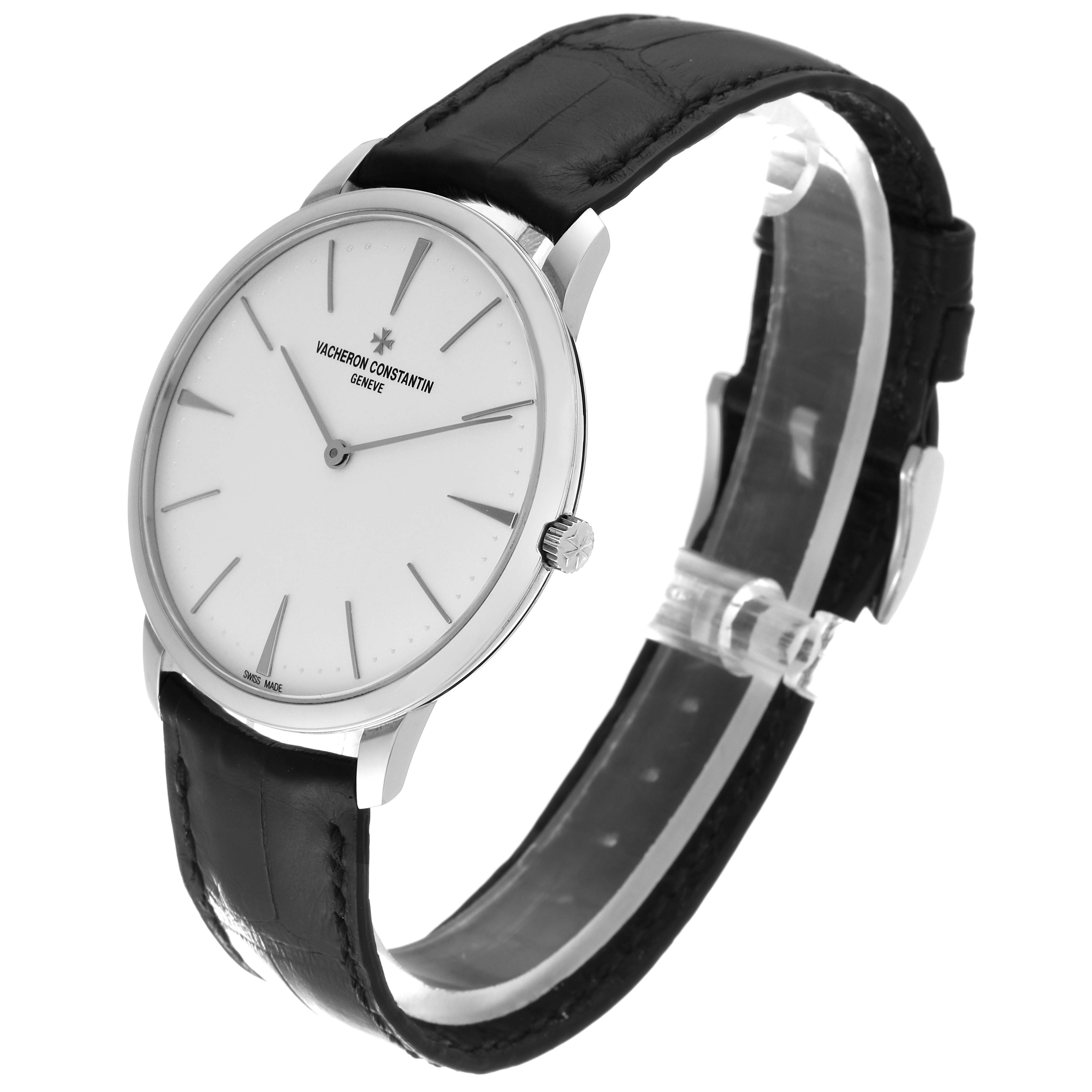 The image shows a side-angle view of the Vacheron Constantin Patrimony 81180/000G-9117 Men's White Gold Silver Dial 81180/000G-9117 Men's White Gold Silver Dial watch, highlighting its face, crown, and leather strap.