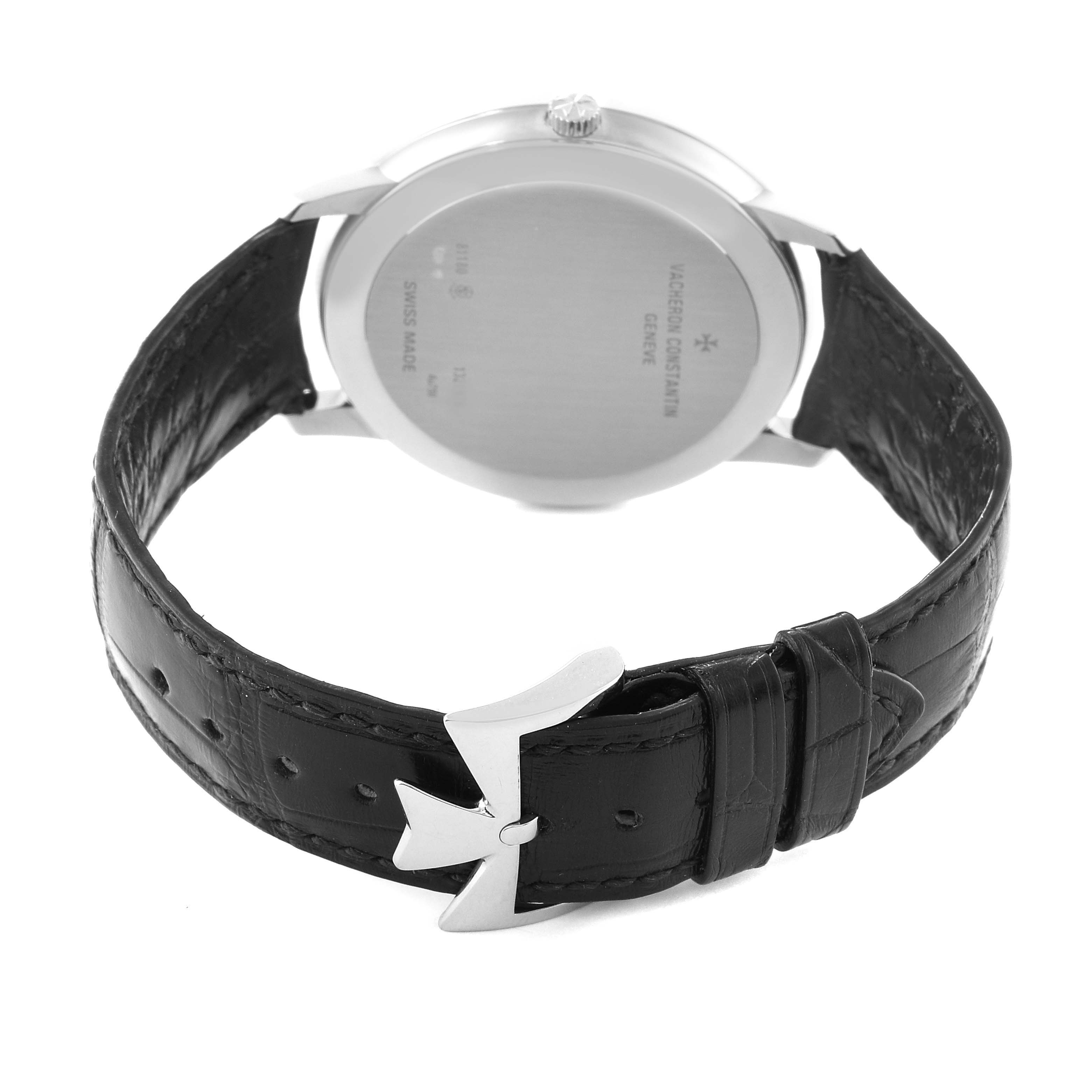 This image shows the back view of the Vacheron Constantin Patrimony 81180/000G-9117 Men's White Gold Silver Dial 81180/000G-9117 Men's White Gold Silver Dial watch, highlighting the case back and leather strap with deployment clasp.