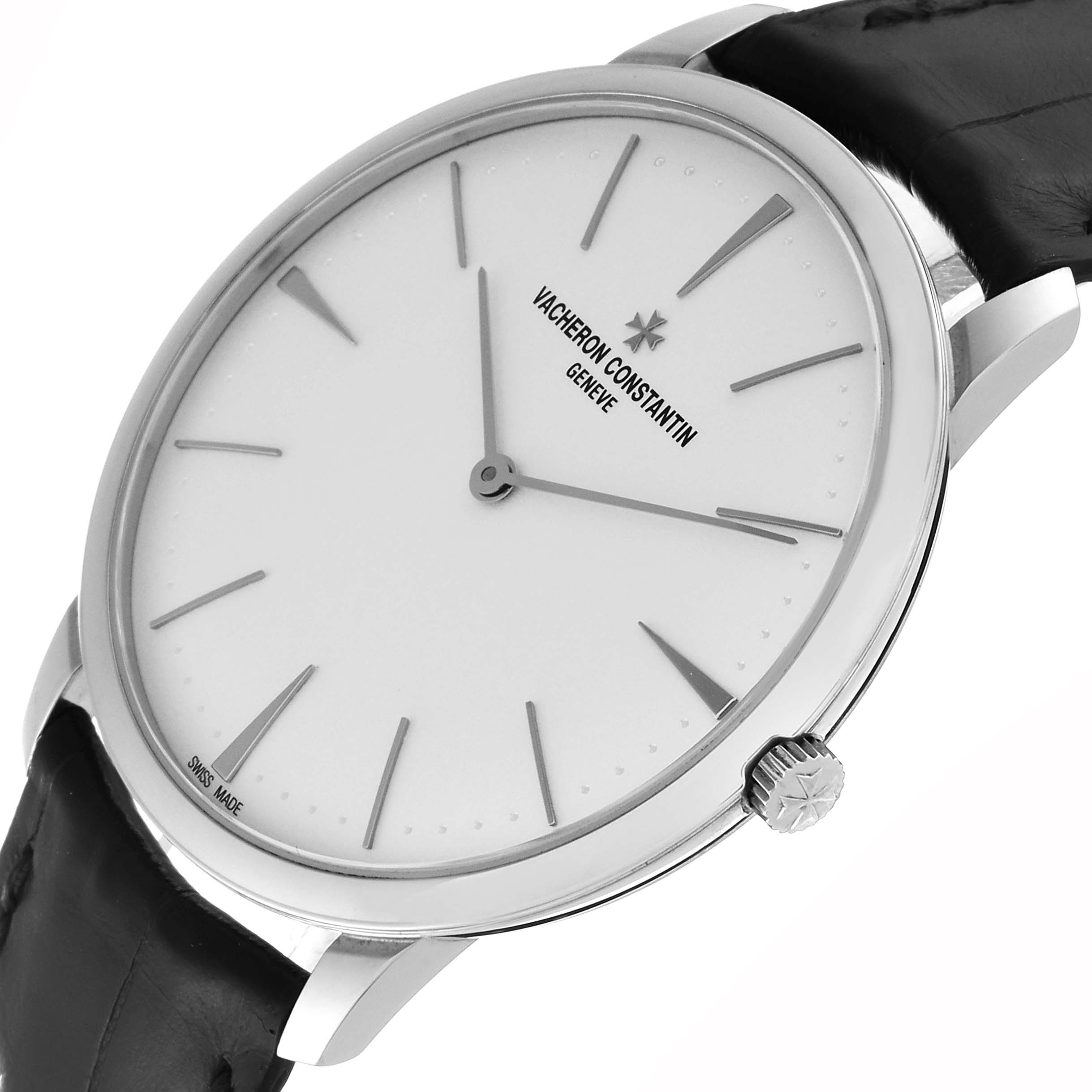 The image shows a Vacheron Constantin Patrimony 81180/000G-9117 Men's White Gold Silver Dial 81180/000G-9117 Men's White Gold Silver Dial watch at an angled side view, highlighting its dial, hands, and crown.