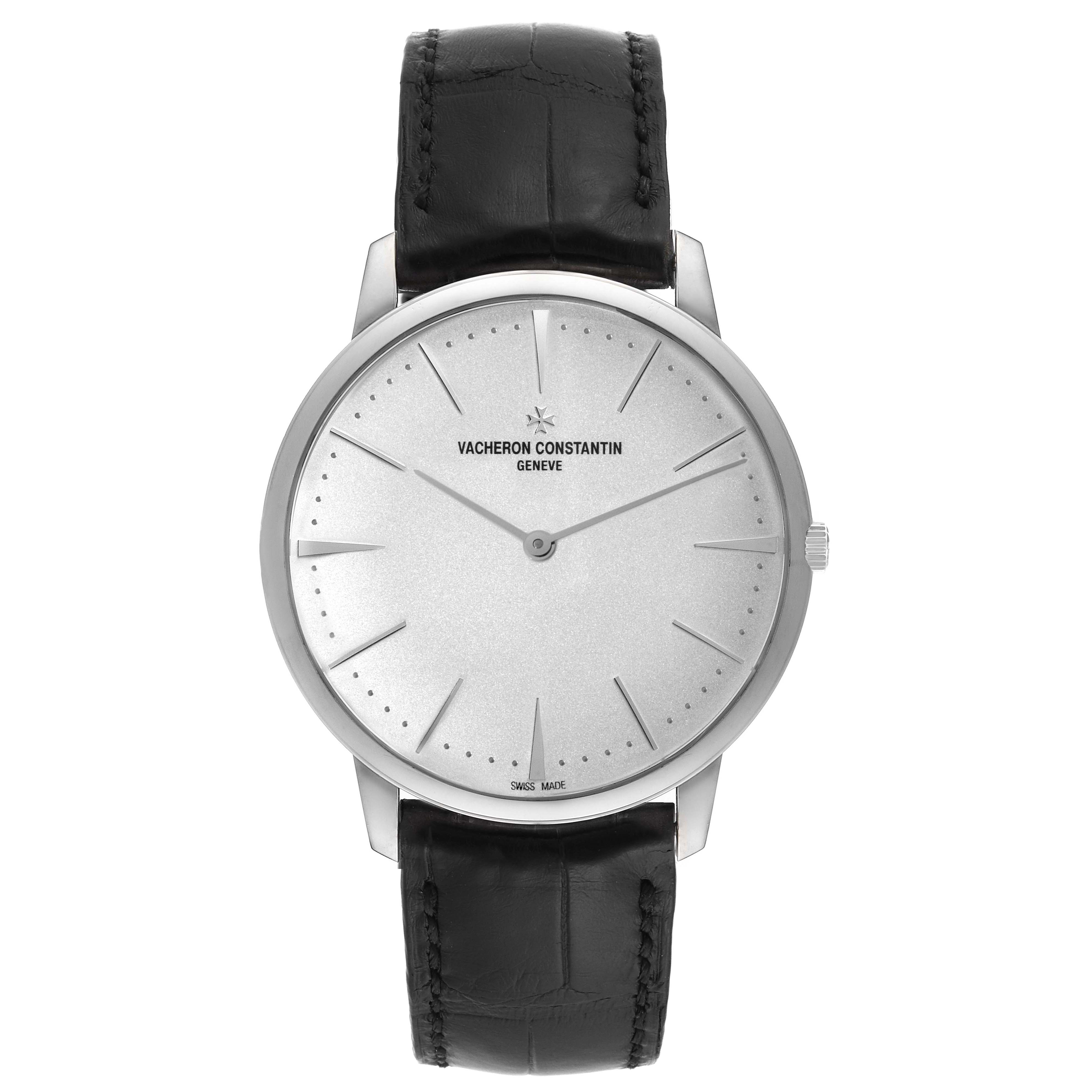 The image shows a front view of a Vacheron Constantin Patrimony 81180/000G-9117 Men's White Gold Silver Dial 81180/000G-9117 Men's White Gold Silver Dial watch, displaying its dial, case, markers, and black leather strap.