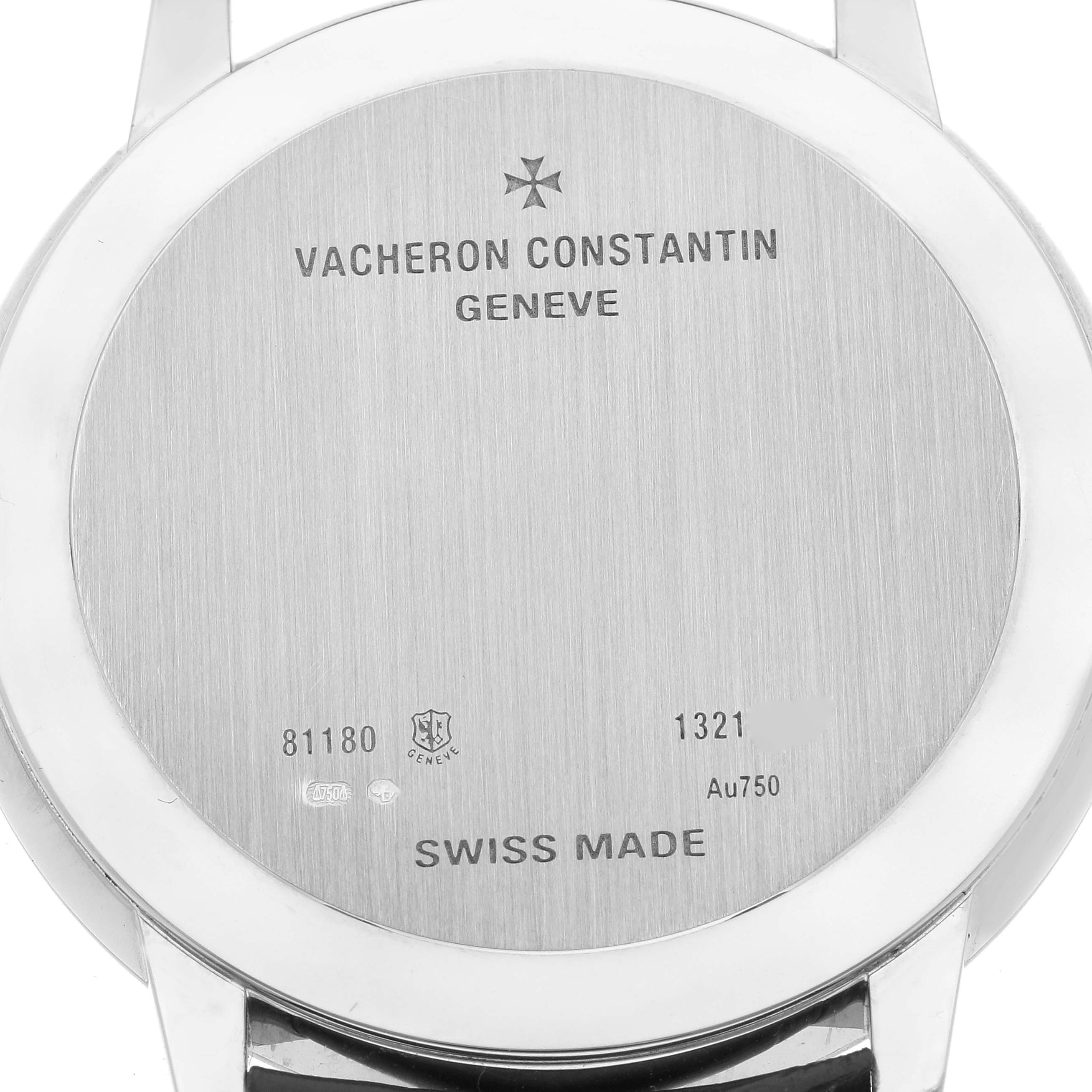 This image shows the case back of a Vacheron Constantin Patrimony 81180/000G-9117 Men's White Gold Silver Dial 81180/000G-9117 Men's White Gold Silver Dial watch from a straight angle.