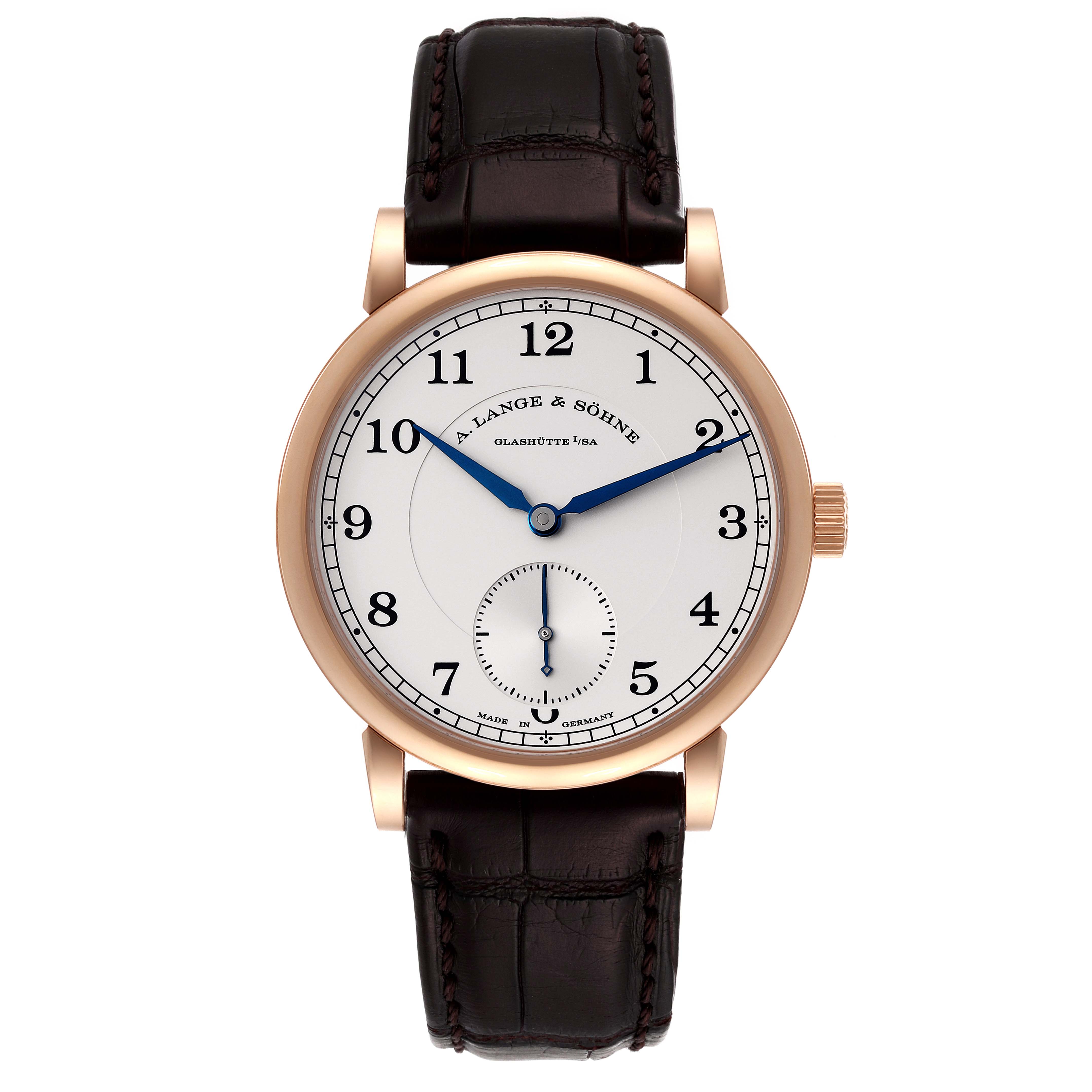 The A. Lange & Sohne 1815 235.032 Men's Rose Gold Silver Dial model watch is shown from the front, displaying the dial, hands, and leather strap.