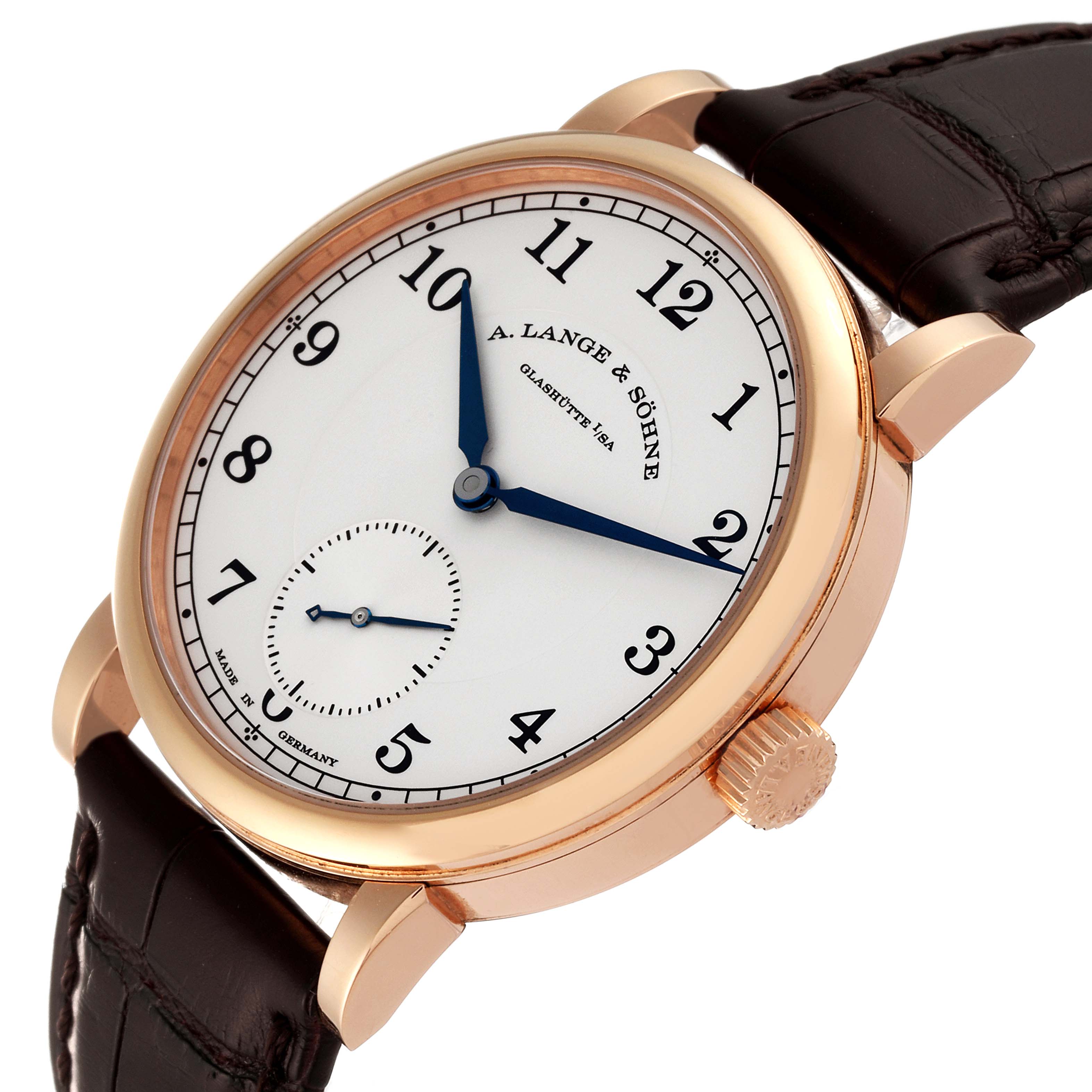 This A. Lange & Sohne 1815 235.032 Men's Rose Gold Silver Dial watch is shown at a slight angle, displaying the watch face, crown, and part of the leather strap.