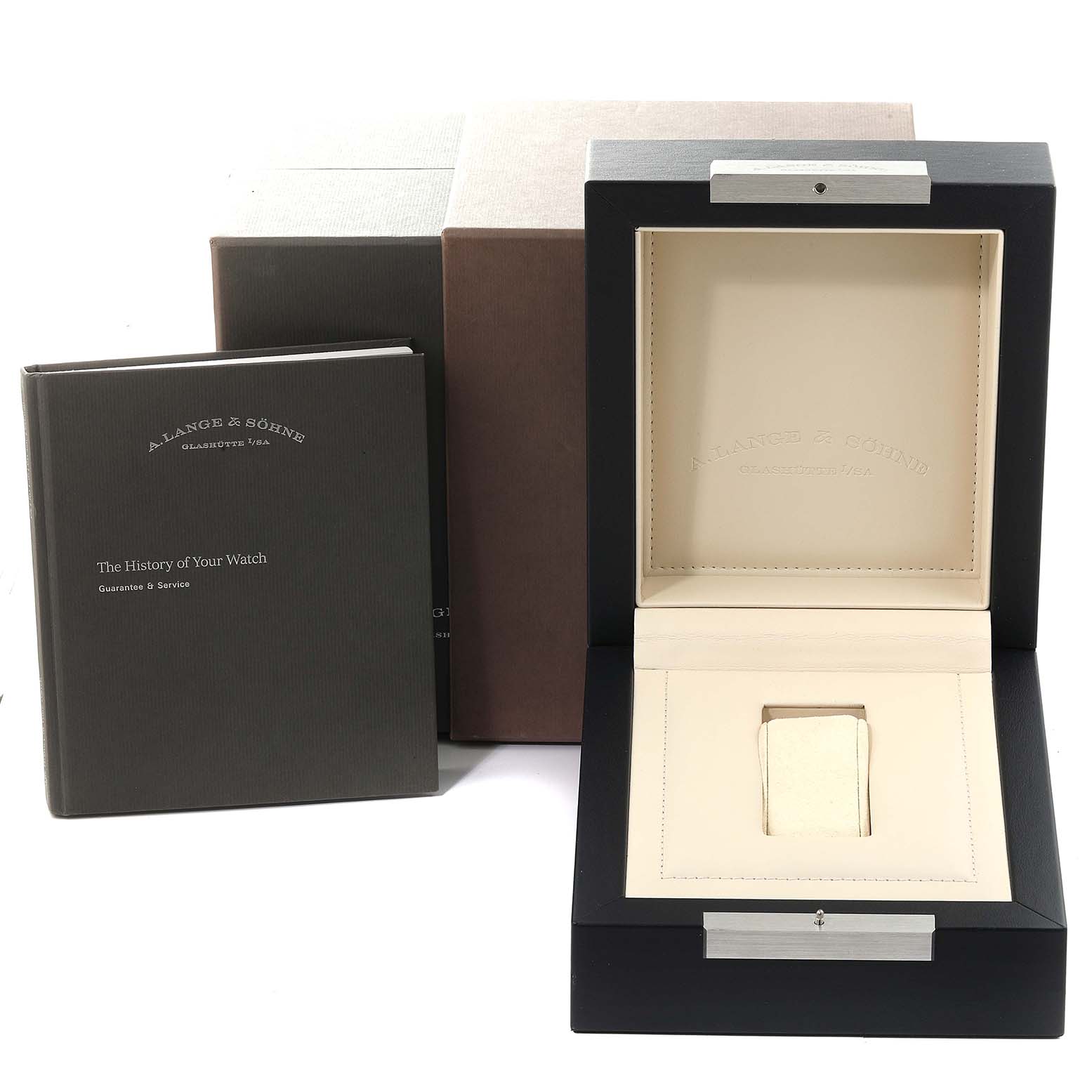 The image displays an open box and booklet for the A. Lange & Sohne 1815 235.032 Men's Rose Gold Silver Dial model watch.