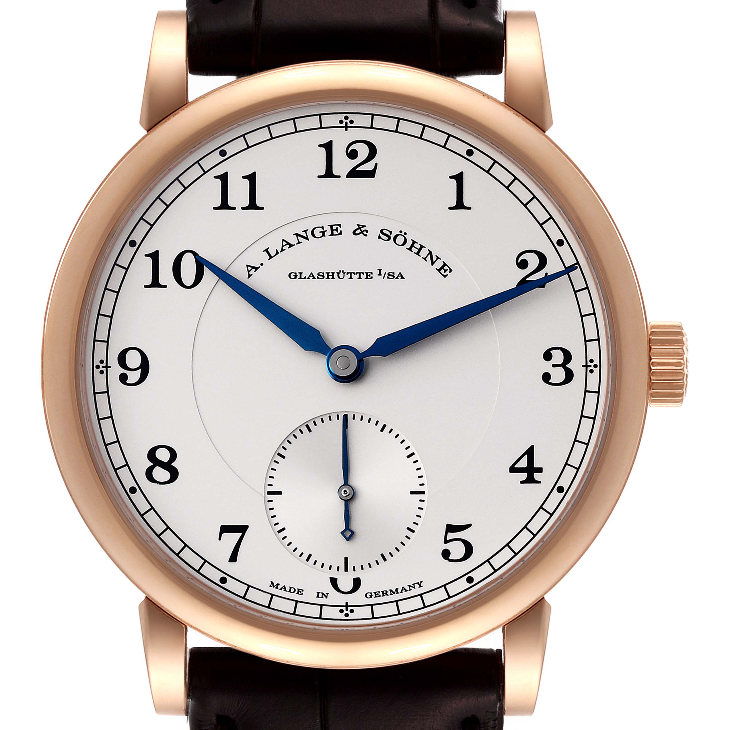 This is a front-angle view of the A. Lange & Sohne 1815 235.032 Men's Rose Gold Silver Dial model, showing the dial, hour markers, hands, crown, and part of the strap.