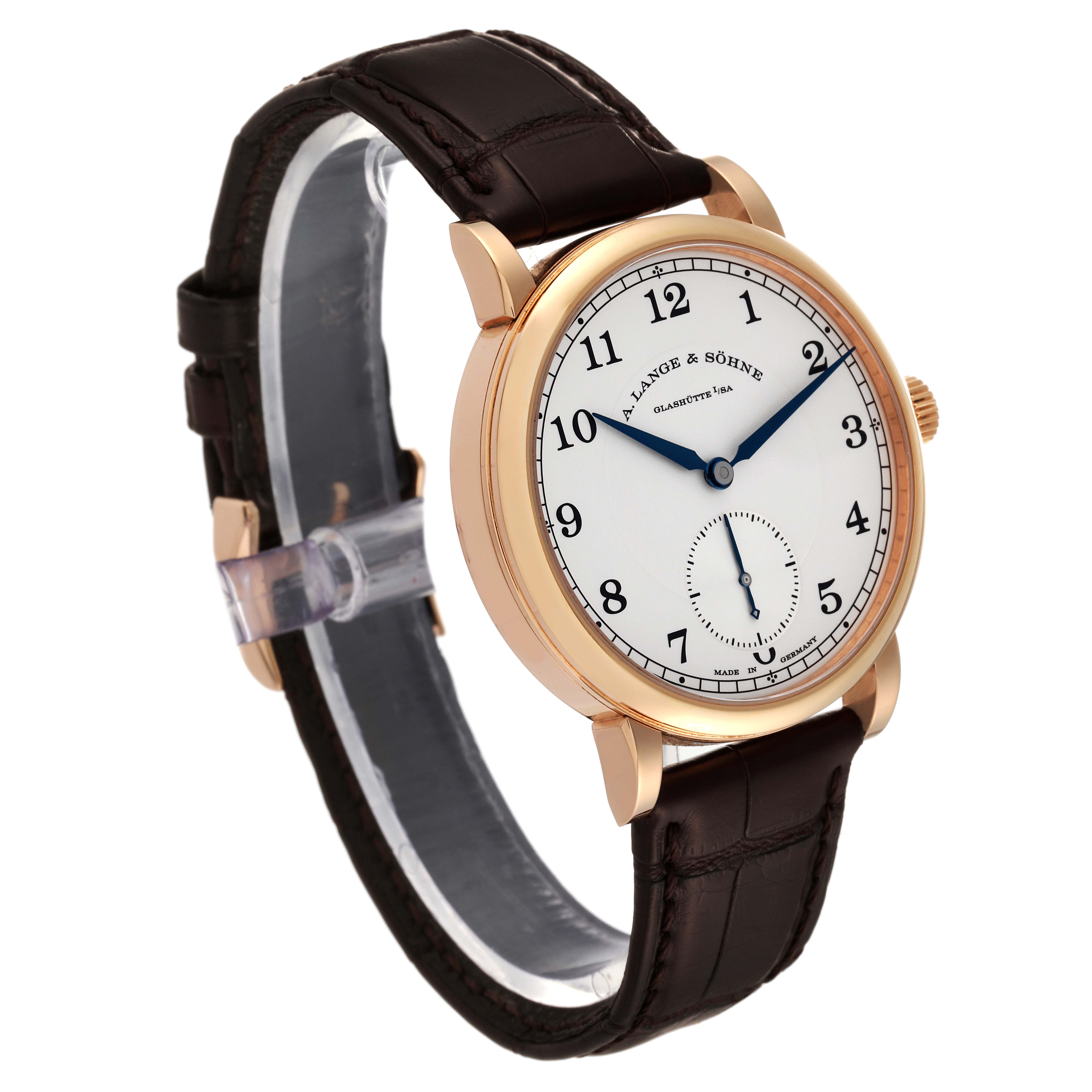 This image shows a side angle of the A. Lange & Sohne 1815 235.032 Men's Rose Gold Silver Dial model, highlighting the watch face, strap, and case.