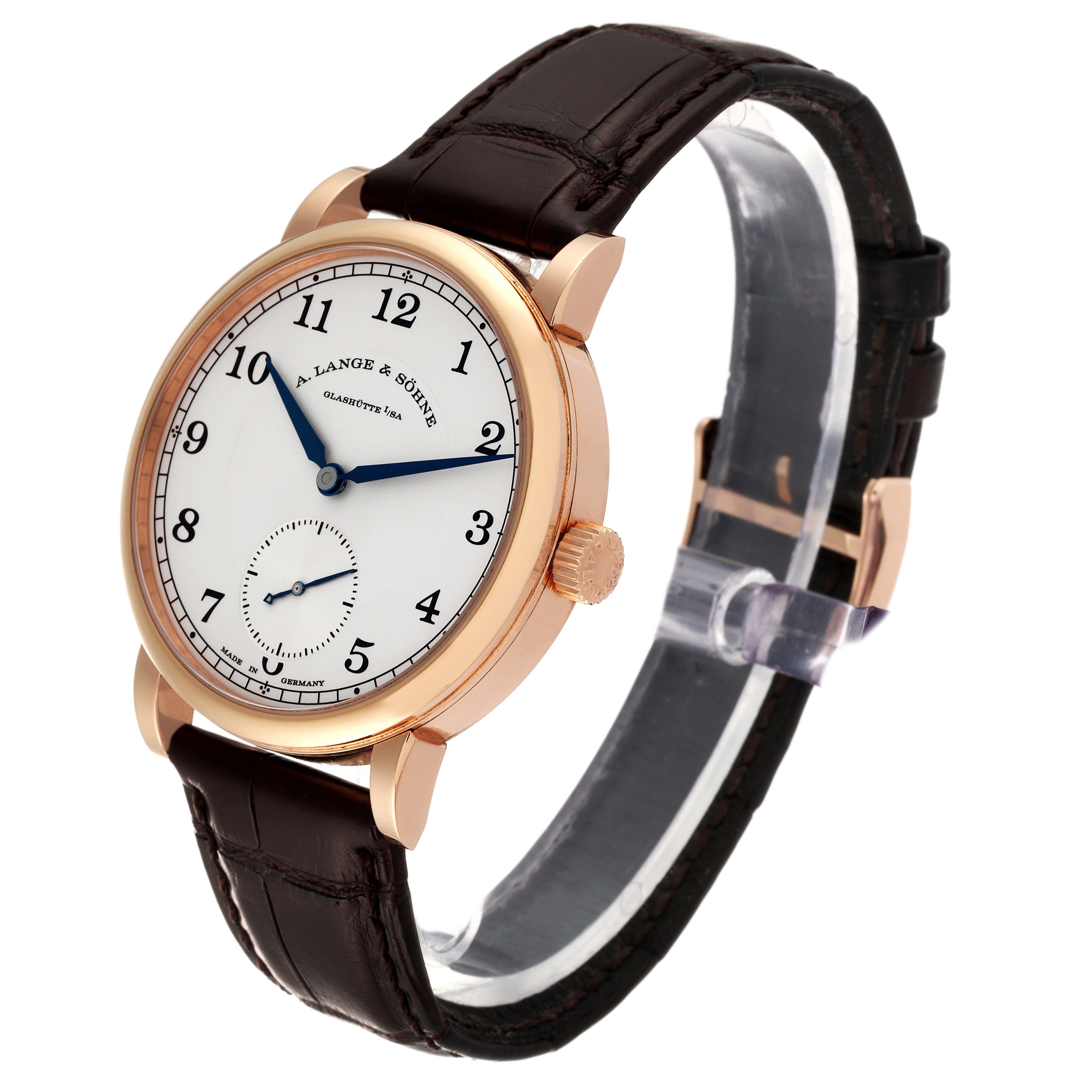 This image shows an A. Lange & Sohne 1815 model watch at a three-quarter angle, displaying the face, crown, and part of the strap.