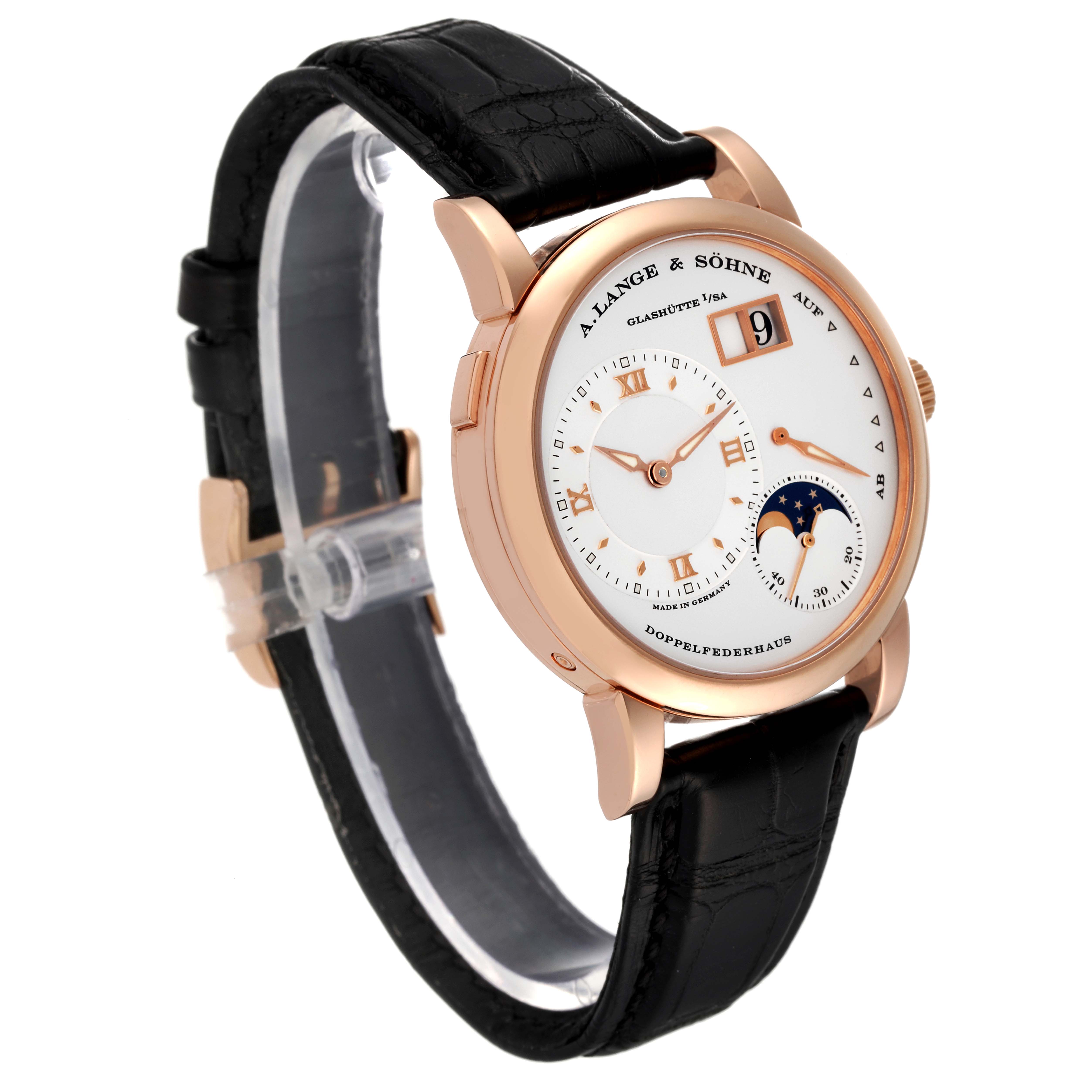 This image shows a side angle of the A. Lange & Sohne Lange 1 109.032 Men's Rose Gold Silver Dial watch, featuring a rose gold case, black leather strap, and moon phase dial.
