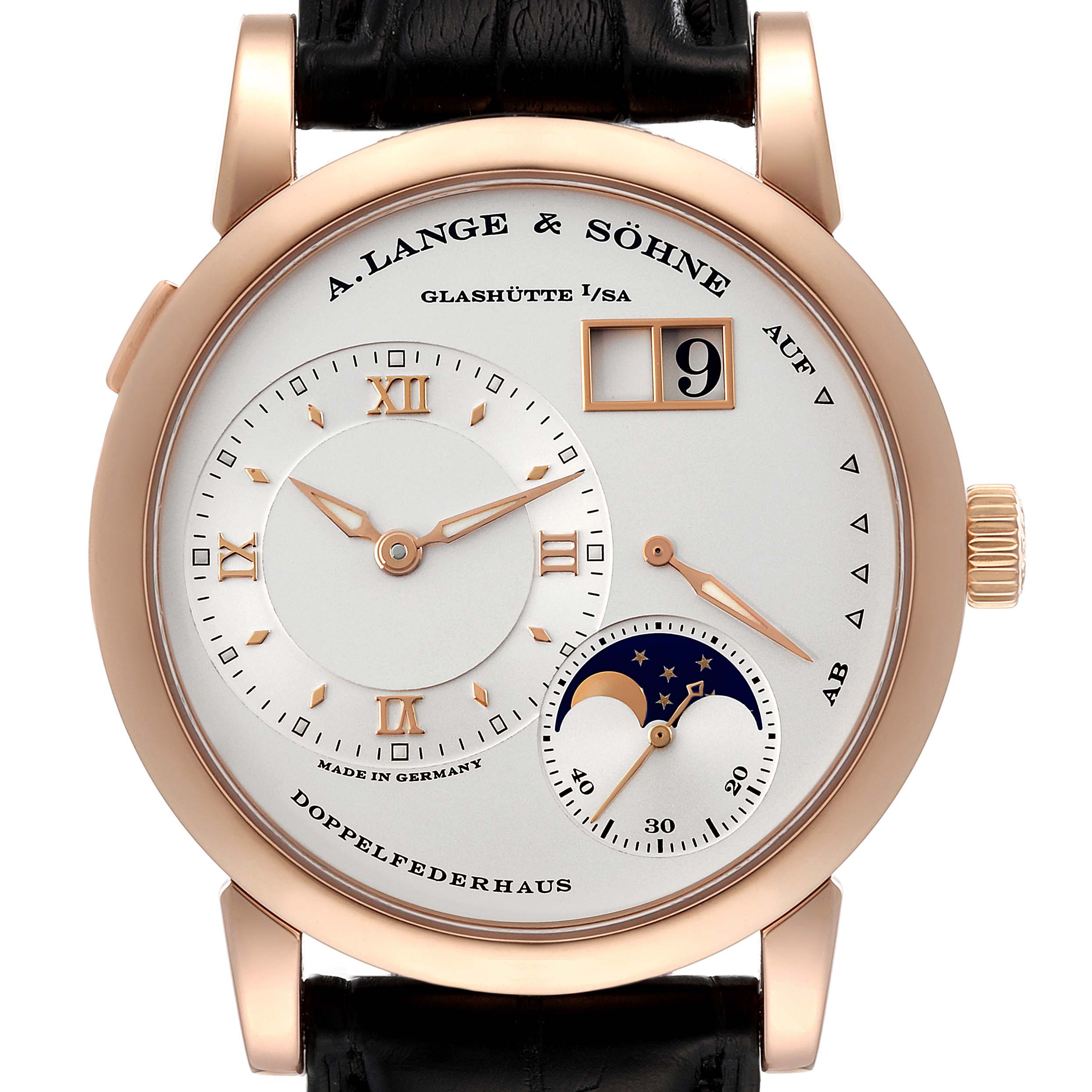 The image shows a front view of the A. Lange & Sohne Lange 1 109.032 Men's Rose Gold Silver Dial watch, displaying its face, dial, and complications.