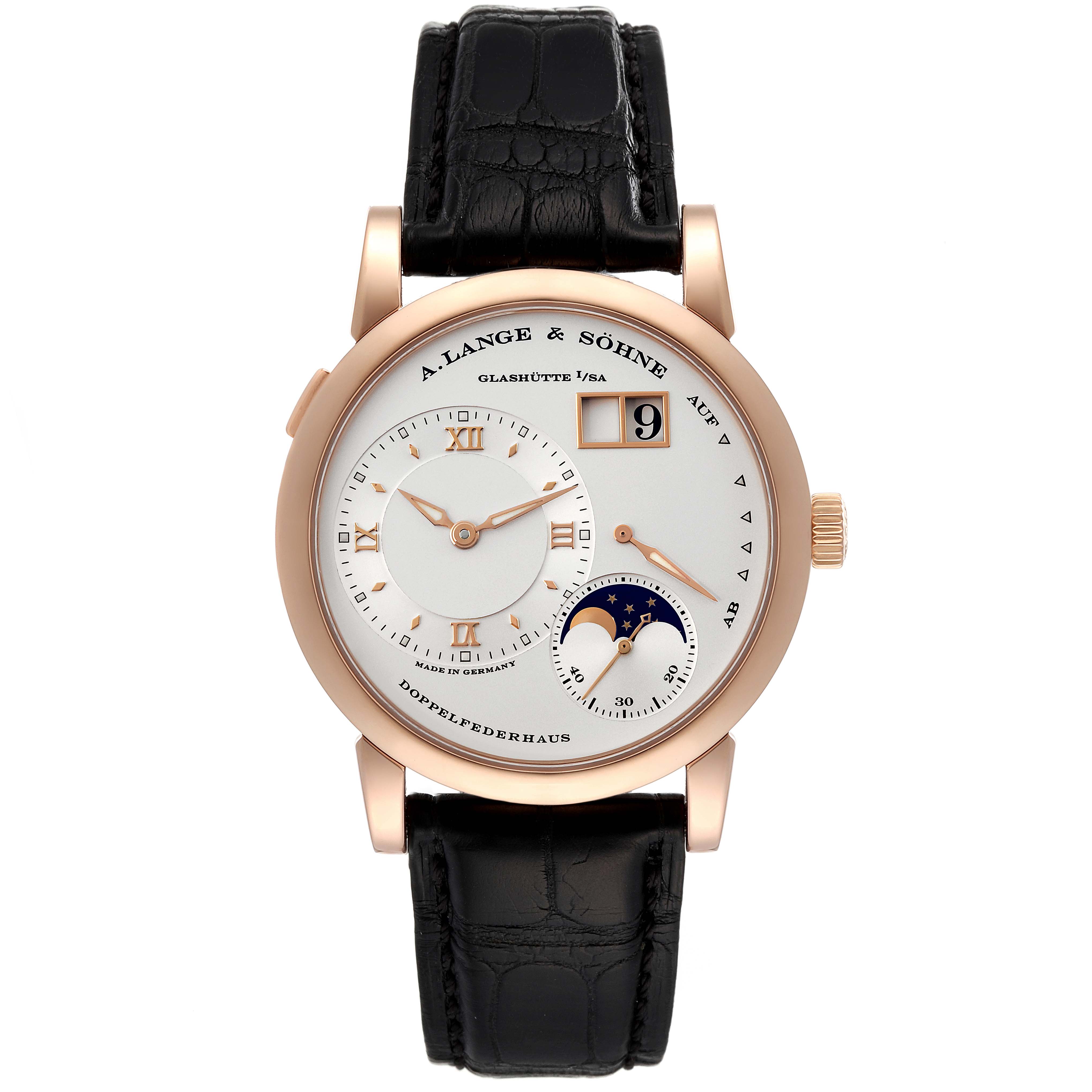 The image shows a front view of the A. Lange & Sohne Lange 1 109.032 Men's Rose Gold Silver Dial watch, featuring a black leather strap, and a moonphase display.