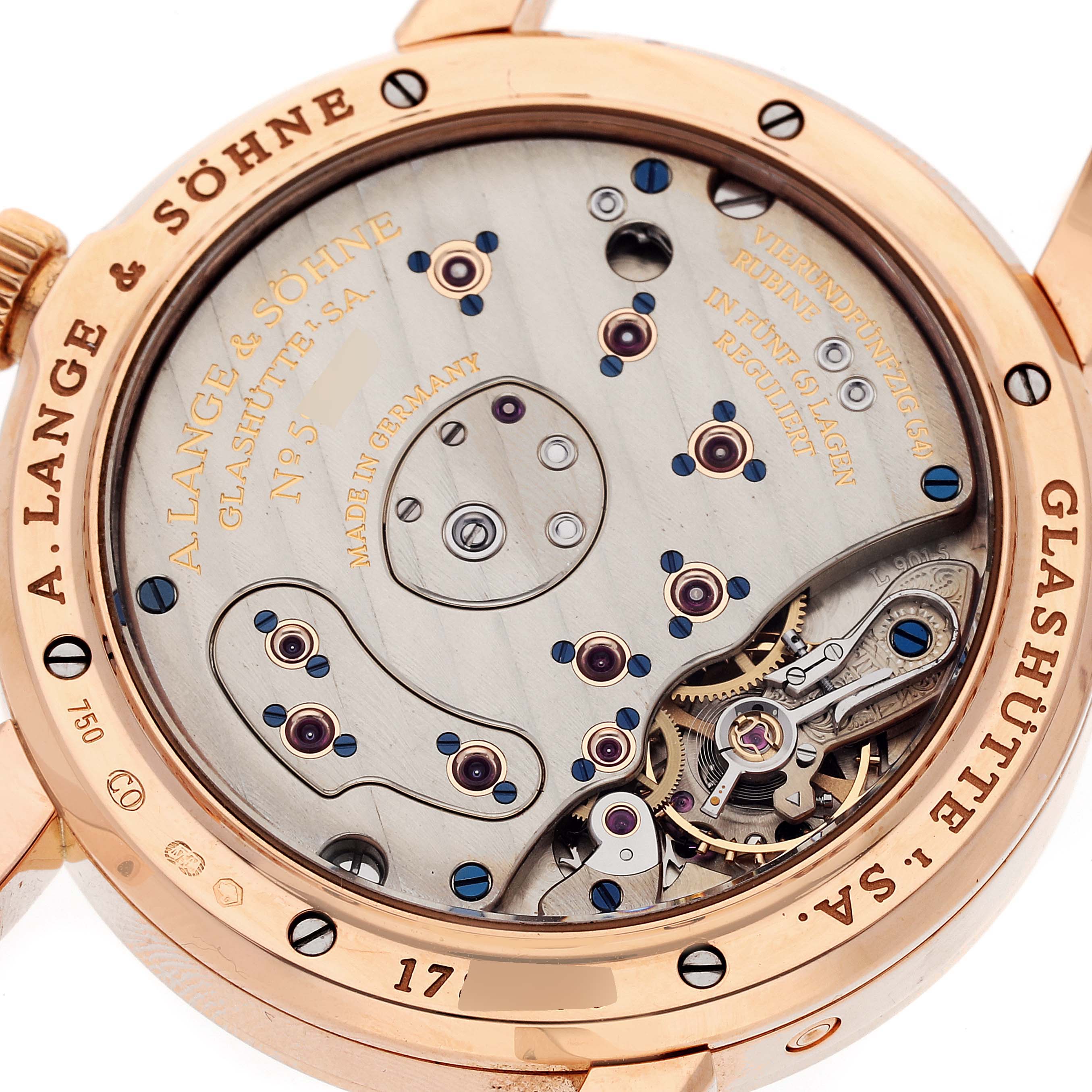 The image shows the back view of the A. Lange & Sohne Lange 1 109.032 Men's Rose Gold Silver Dial watch, revealing its intricate mechanical movement.