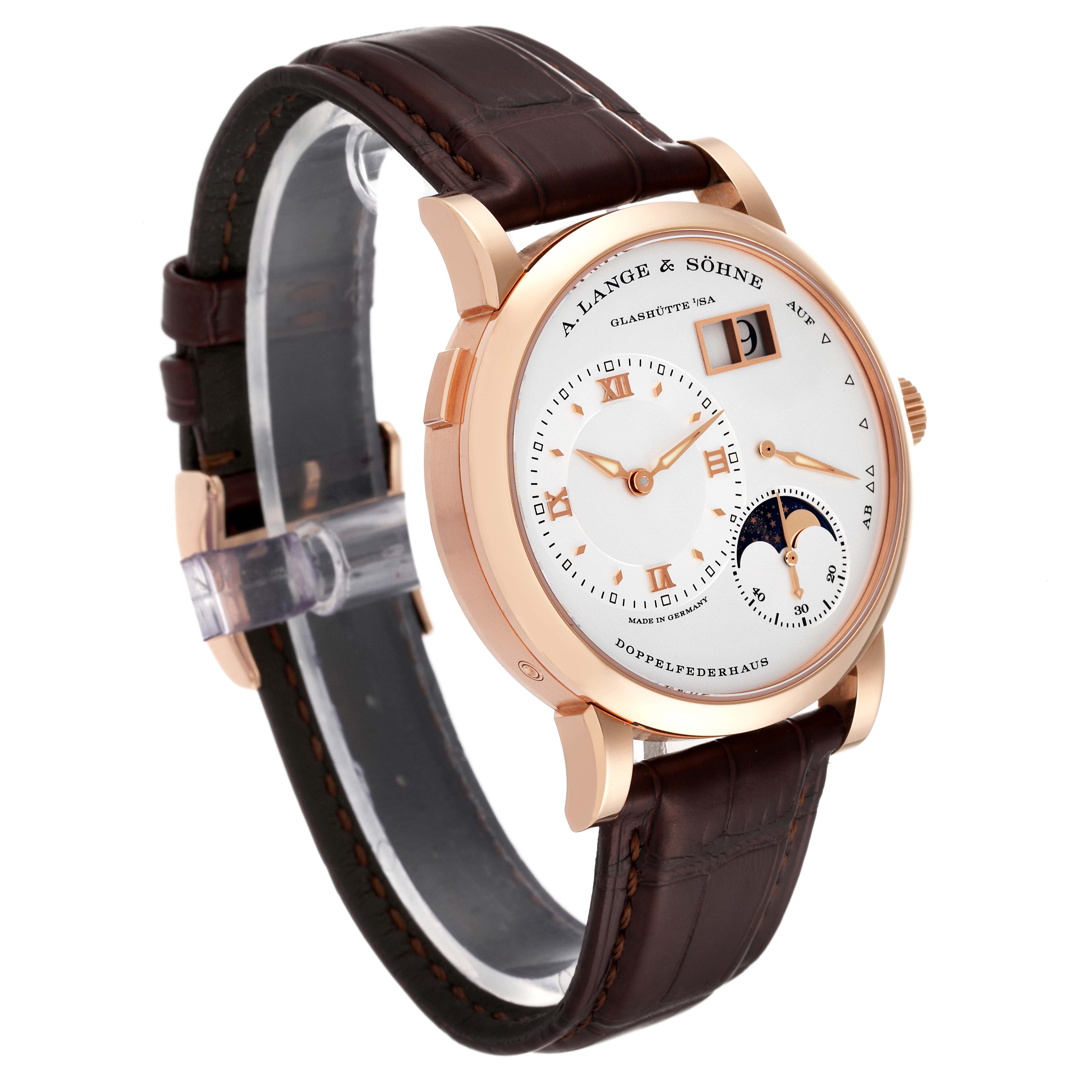 The image shows a side view of the A. Lange & Sohne Lange 1 192.032 Men's Rose Gold Silver Dial watch, highlighting its dial, case, and leather strap.