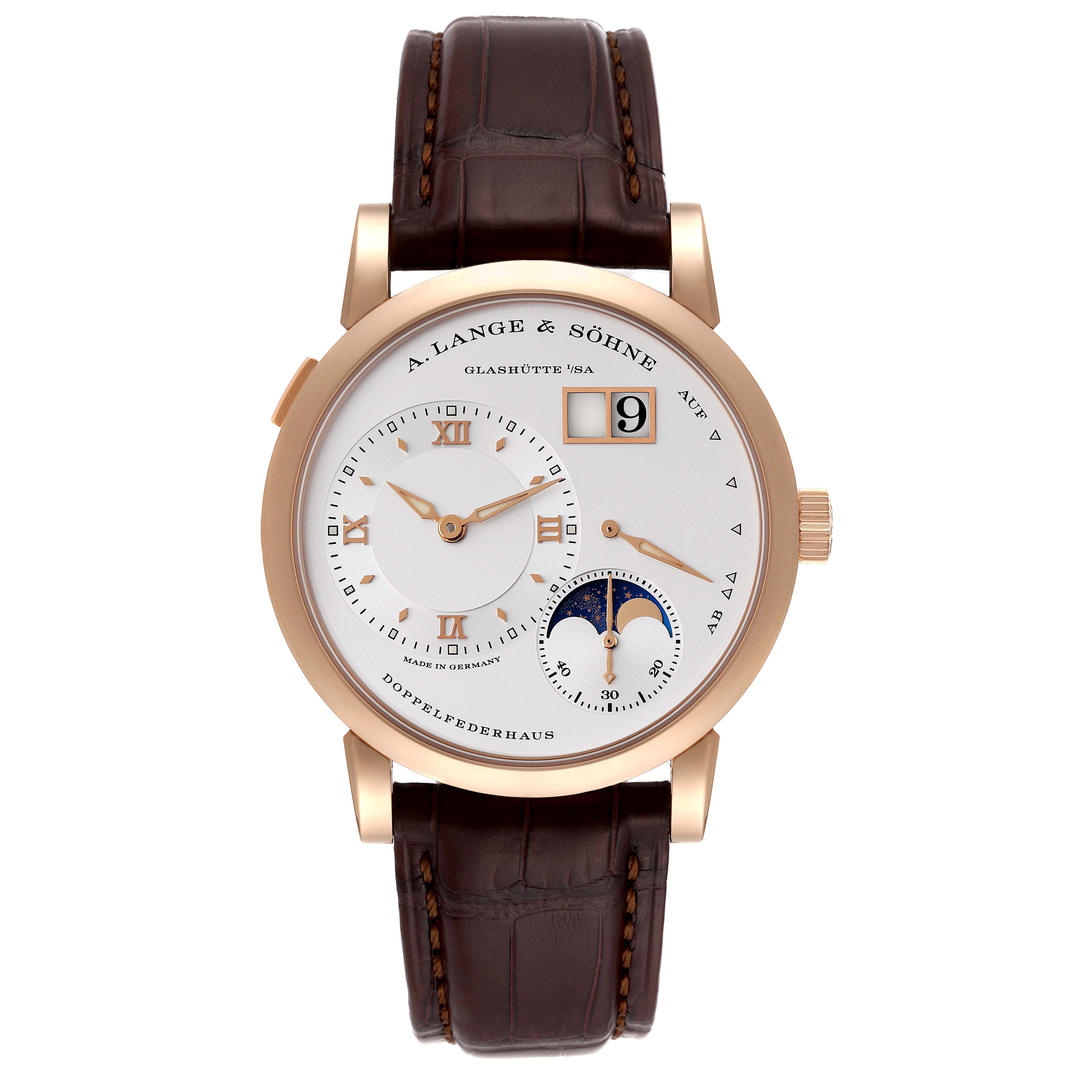 The A. Lange & Sohne Lange 1 192.032 Men's Rose Gold Silver Dial watch is shown from the front, displaying its face, subdials, and leather strap.