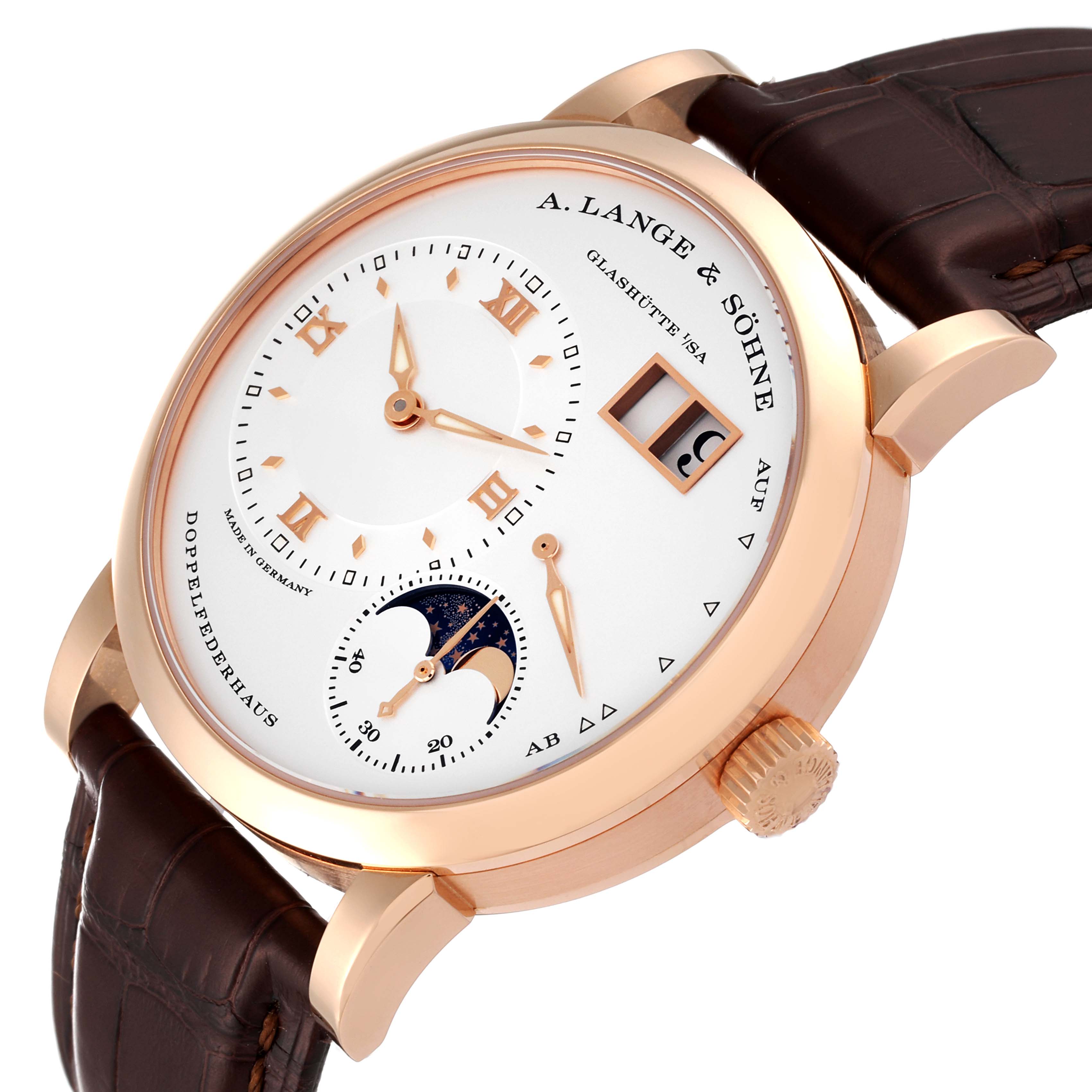 The image shows an angled view of the A. Lange & Sohne Lange 1 192.032 Men's Rose Gold Silver Dial watch, highlighting the dial, subdials, and date window.