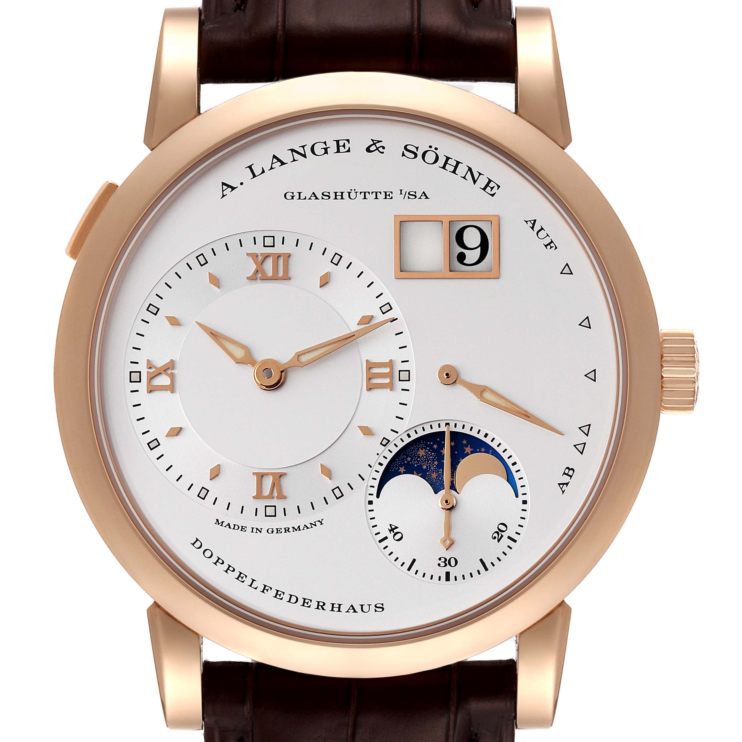 This image shows a front view of the Lange 1 watch by A. Lange & Söhne, highlighting its dial, hands, moon phase, and strap.