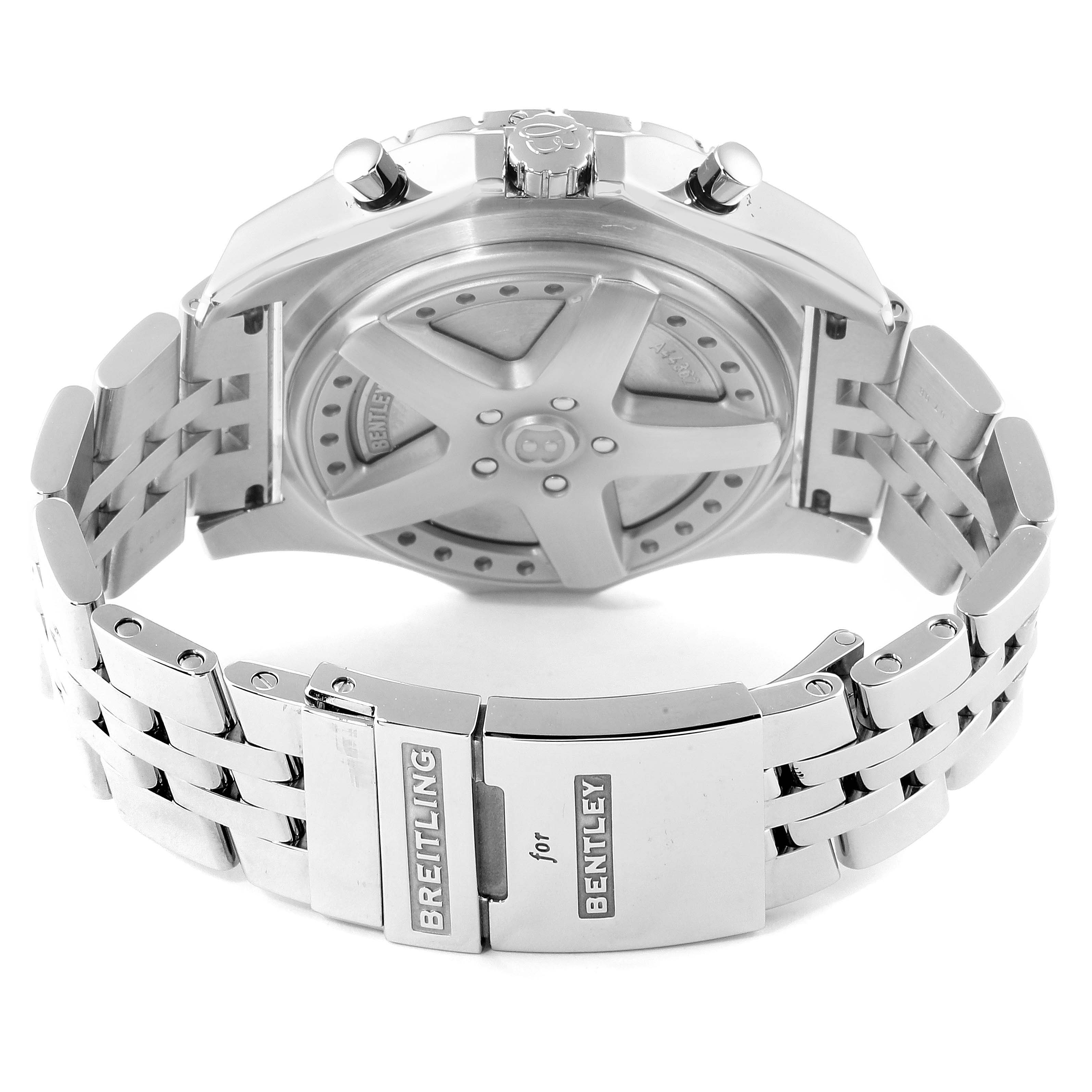 The image shows the back of a Breitling for Bentley model watch, highlighting the clasp and the case back design.