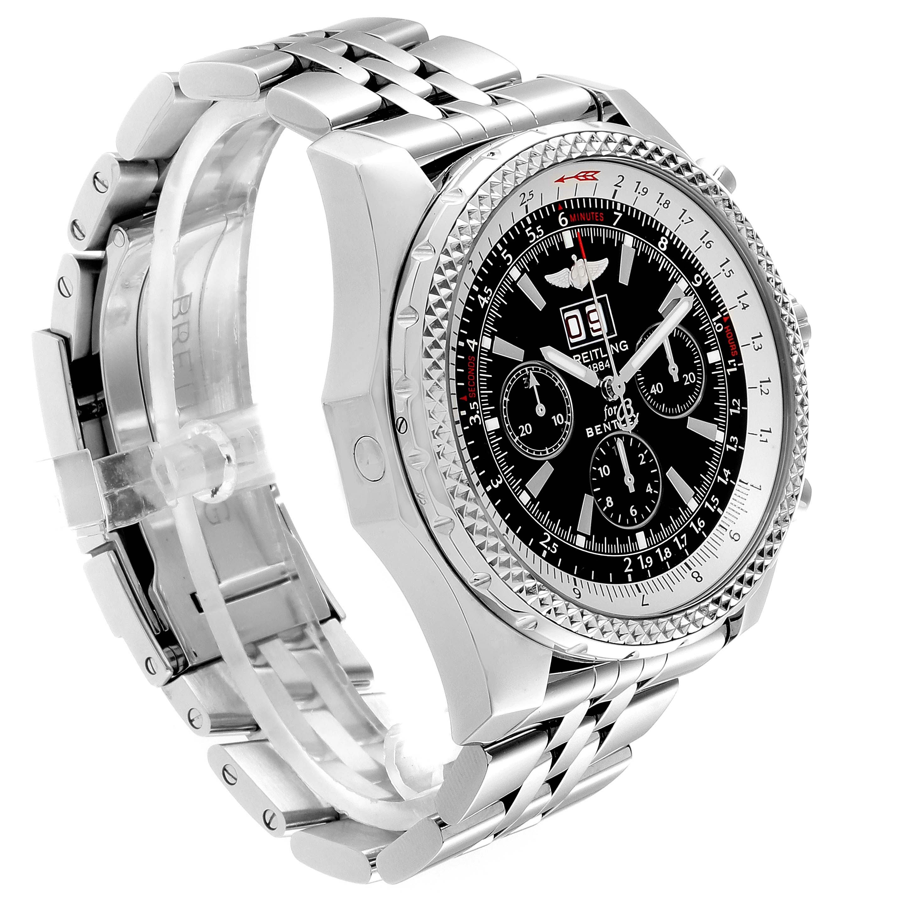 The image shows a side angle view of the Breitling Bentley A44362 Men's Stainless Steel Black Dial A44362 Men's Stainless Steel Black Dial watch, highlighting its dial, bezel, and metal bracelet.