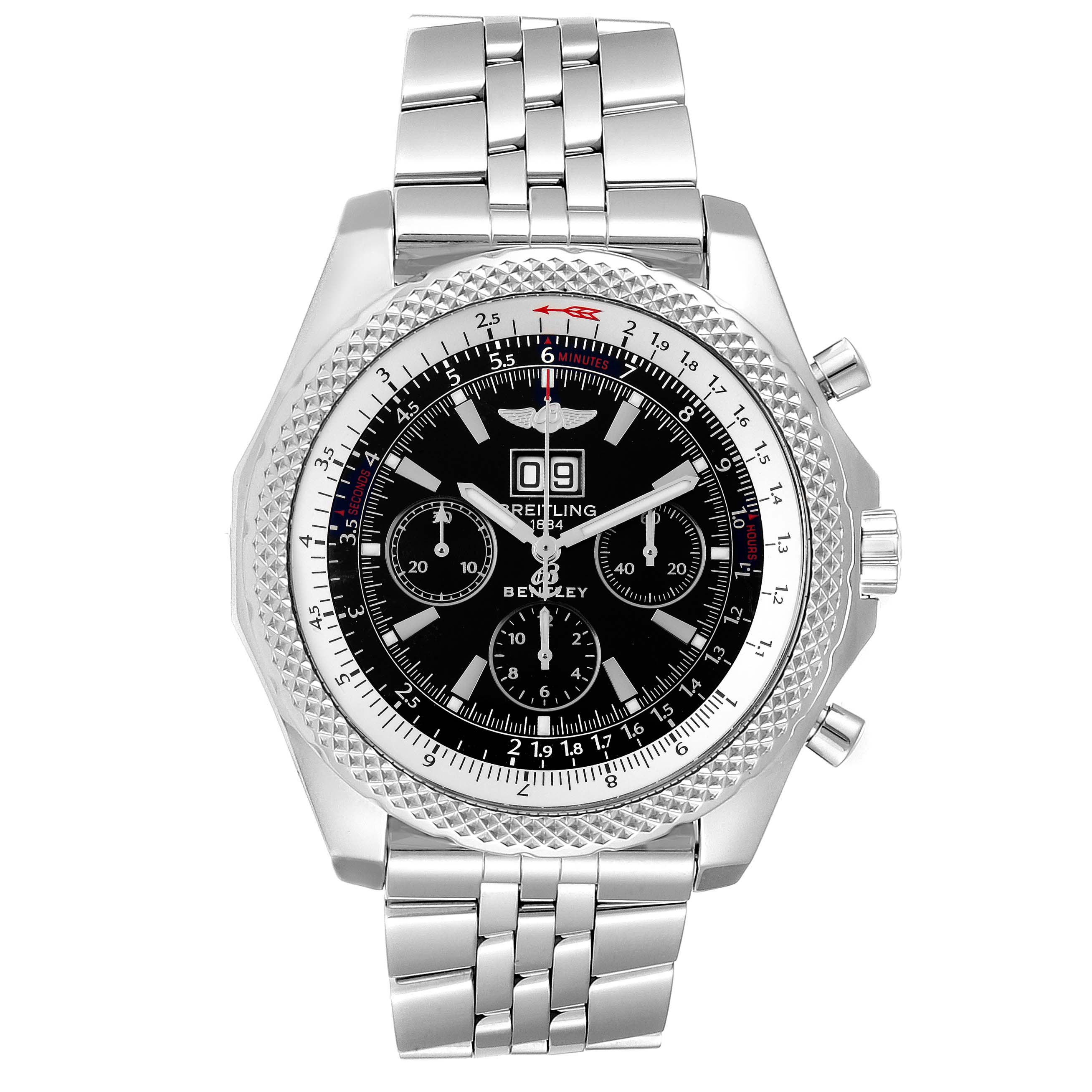 This image displays a front view of a Breitling Bentley A44362 Men's Stainless Steel Black Dial A44362 Men's Stainless Steel Black Dial watch, showing its dial, bezel, and stainless steel band.