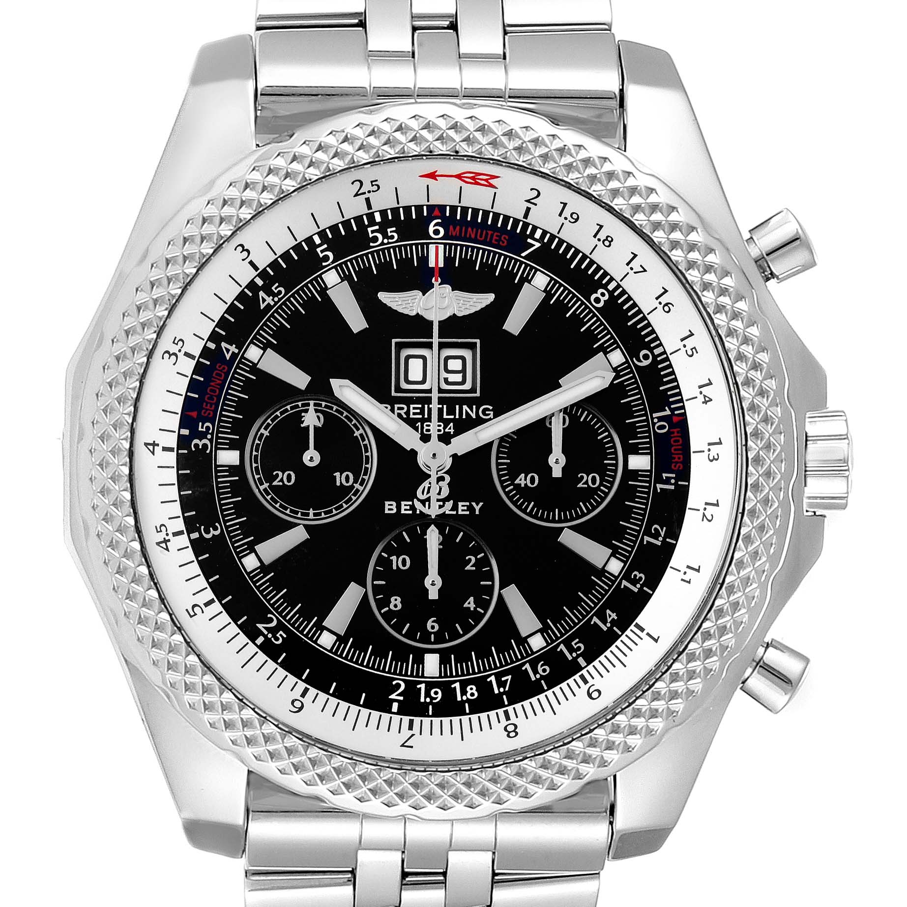 The image shows a front view of the Breitling Bentley A44362 Men's Stainless Steel Black Dial A44362 Men's Stainless Steel Black Dial watch, displaying its face, chronograph dials, bezel, and part of the bracelet.
