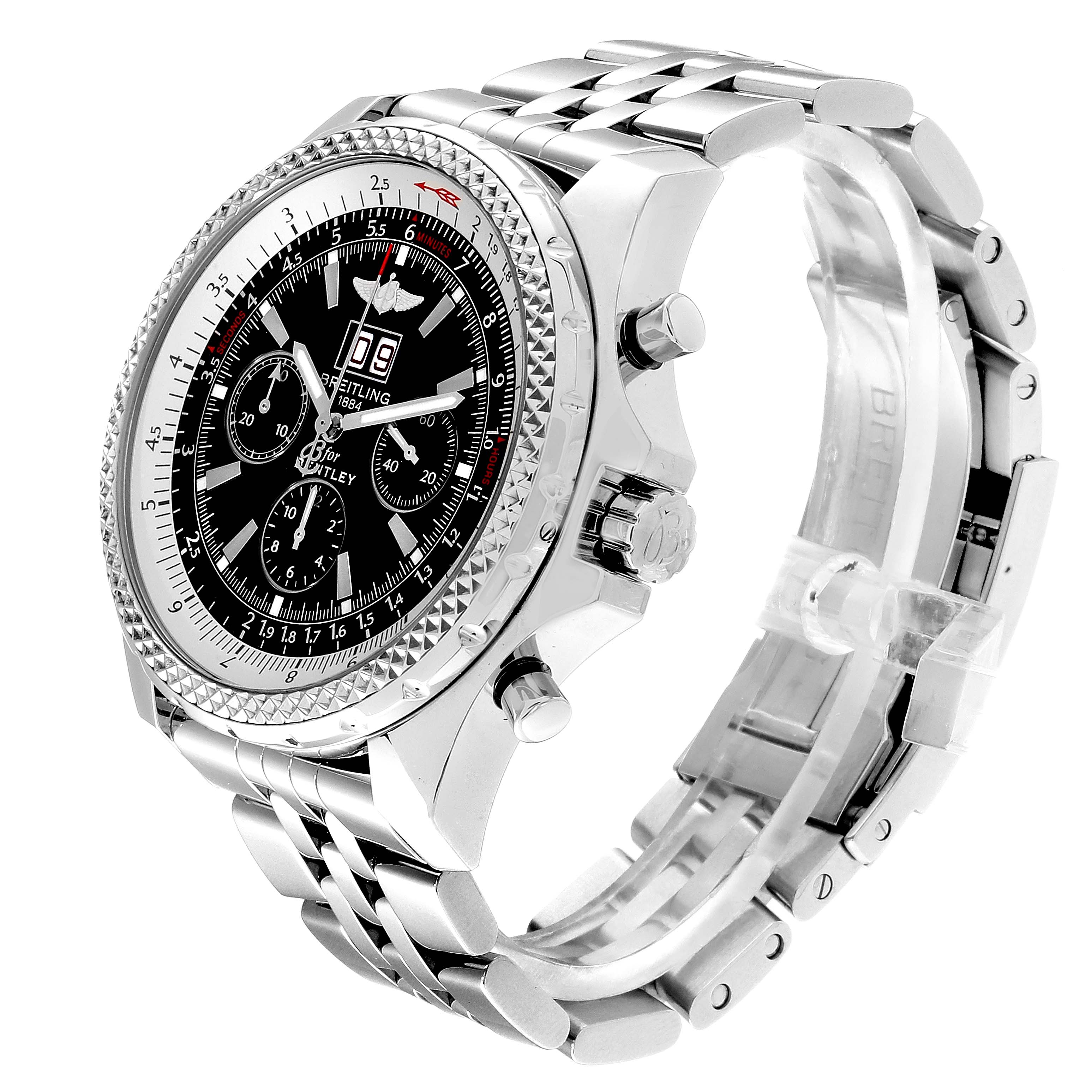 The Breitling Bentley A44362 Men's Stainless Steel Black Dial A44362 Men's Stainless Steel Black Dial watch is shown at an angled side profile, highlighting the face, bezel, crown, and bracelet.