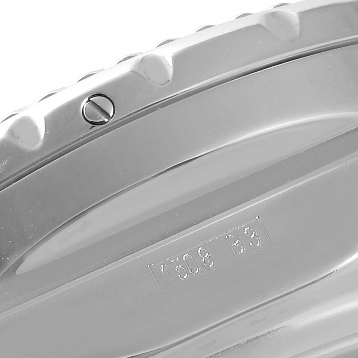 The image shows a close-up of the bezel and case side of a Bentley model by Breitling.