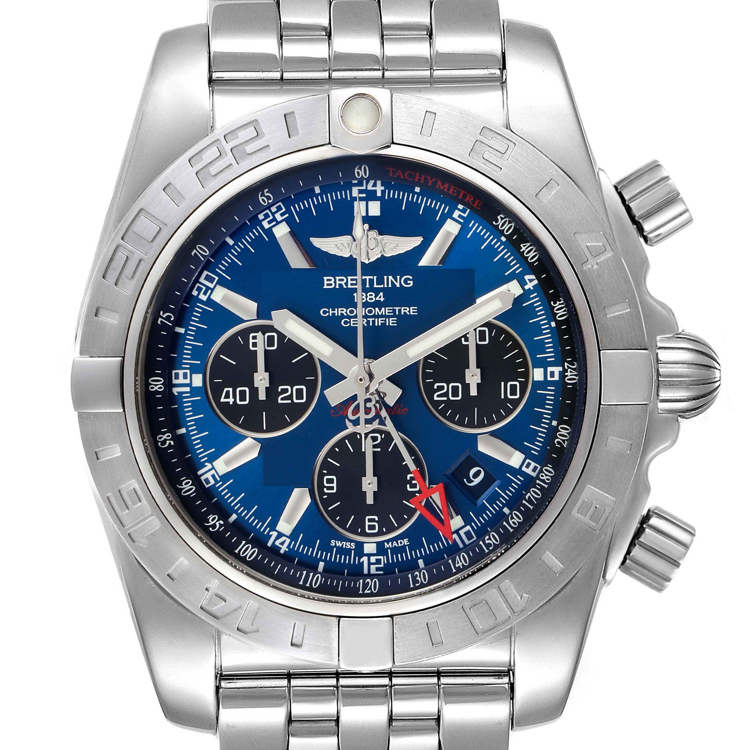 The image shows a front view of the Breitling Chronomat AB042011/C851-375A Men
s Stainless Steel Blue Dial AB042011/C851-375A Men
s Stainless Steel Blue Dial watch featuring a blue dial, chronograph subdials, and a stainless steel bracelet.