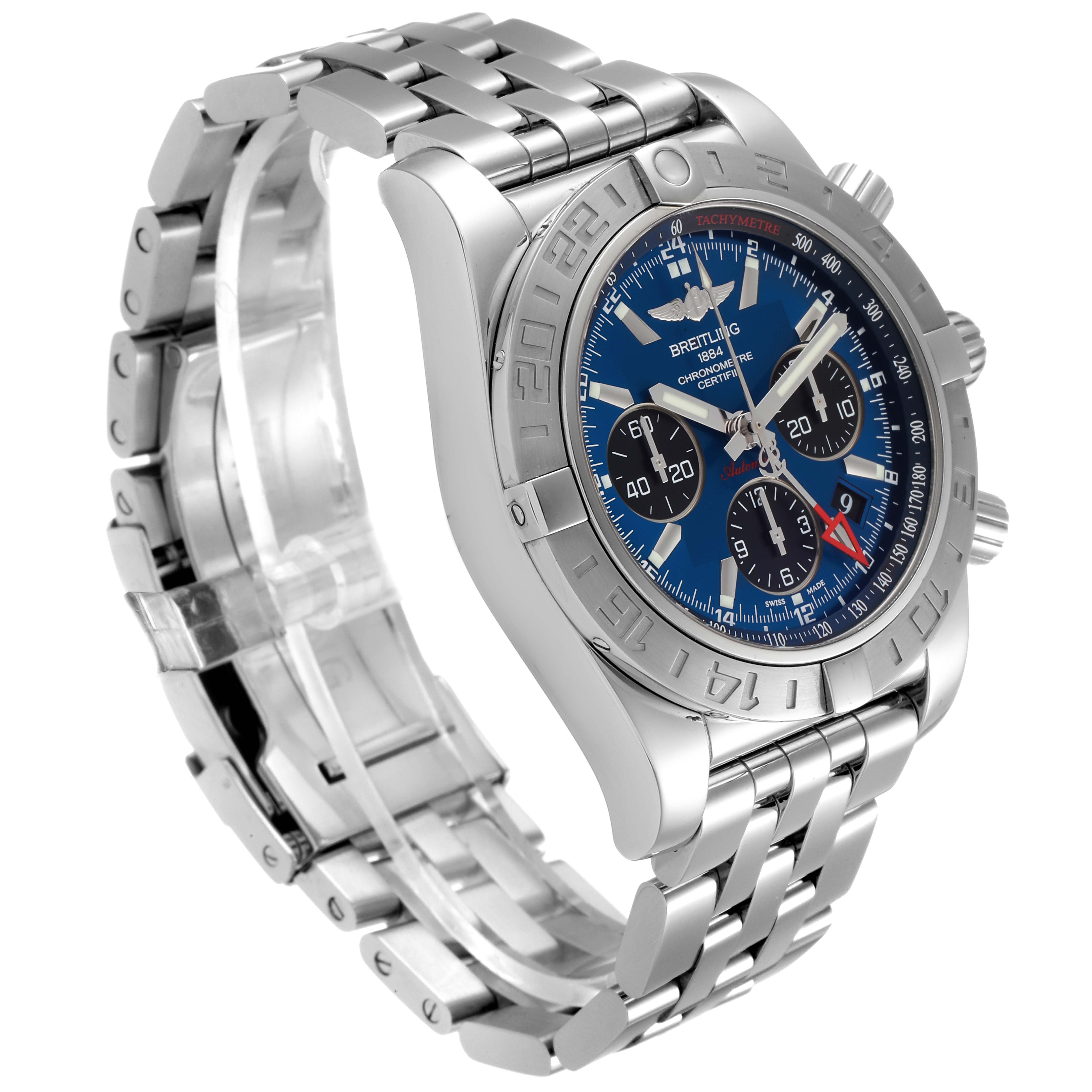 This image shows a Breitling Chronomat AB042011/C851-375A Men
s Stainless Steel Blue Dial AB042011/C851-375A Men
s Stainless Steel Blue Dial watch at an angled side view, highlighting its metal strap and blue dial with chronograph subdials.
