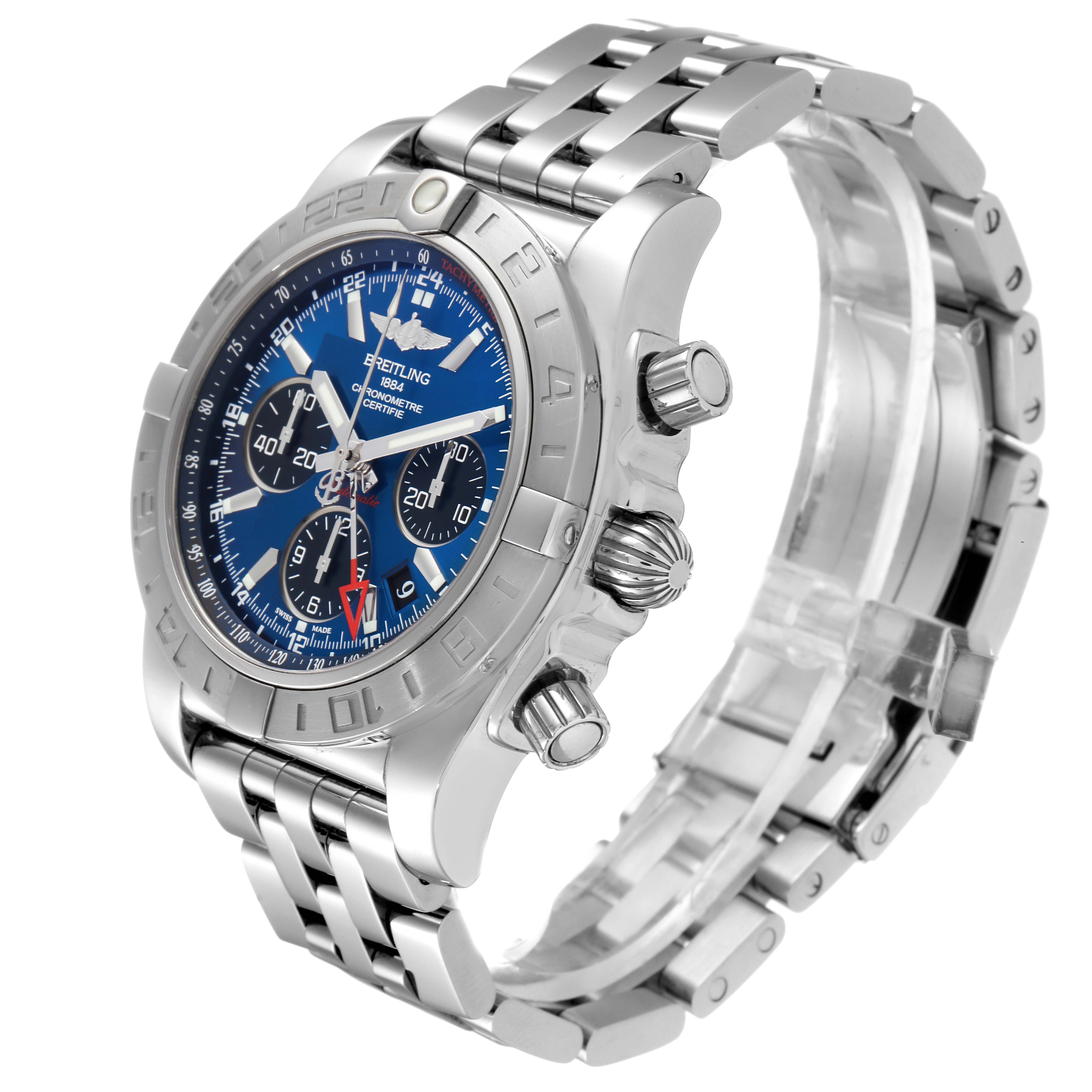 The Breitling Chronomat AB042011/C851-375A Men
s Stainless Steel Blue Dial AB042011/C851-375A Men
s Stainless Steel Blue Dial watch is shown at an angle displaying its stainless steel bracelet, bezel, crown, and a blue dial with subdials.