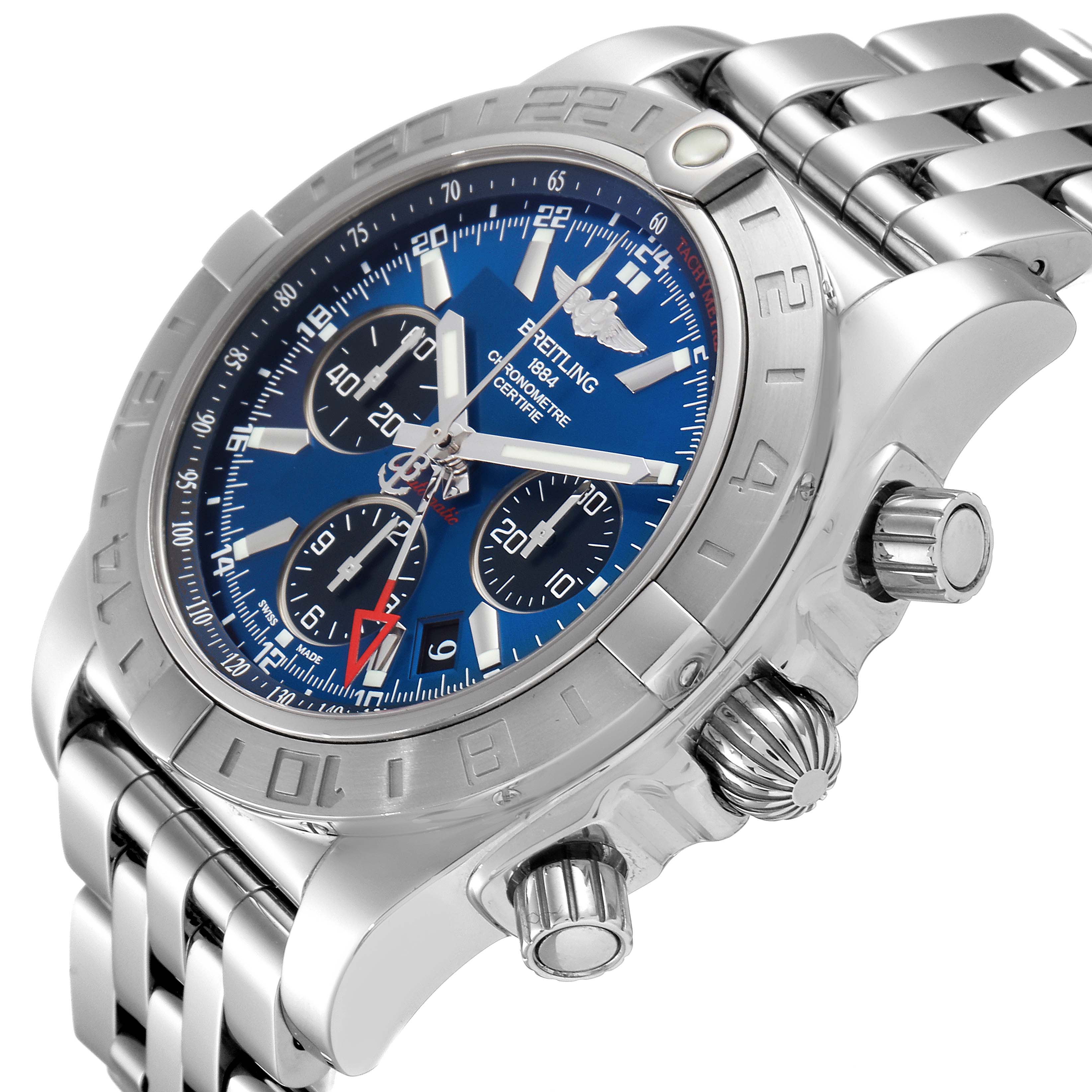 The Breitling Chronomat AB042011/C851-375A Men
s Stainless Steel Blue Dial AB042011/C851-375A Men
s Stainless Steel Blue Dial watch is shown from a slight side angle, highlighting its blue dial, bezel, chronograph subdials, and stainless steel bracelet.