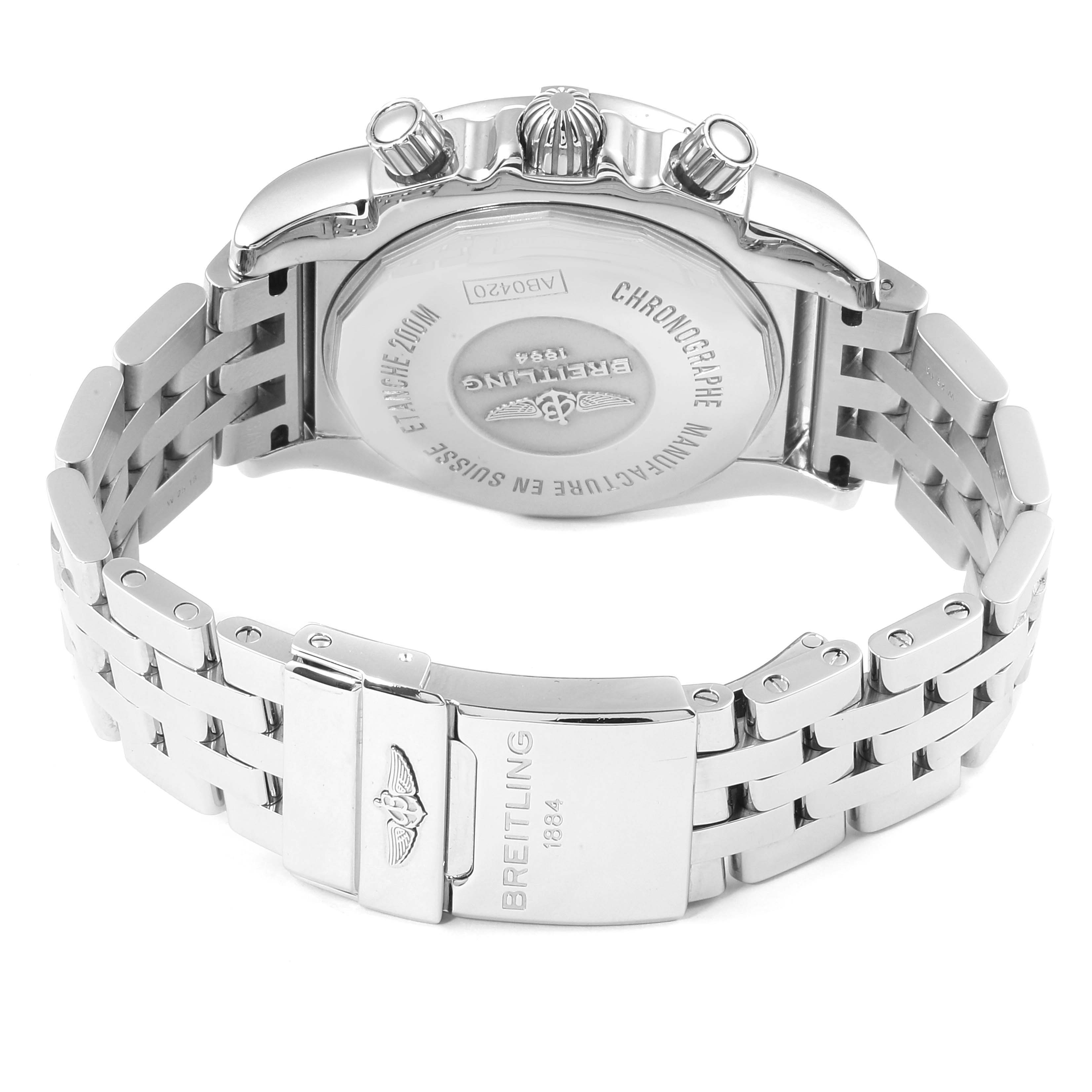 The image shows the back case and bracelet clasp of a Breitling Chronomat AB042011/C851-375A Men
s Stainless Steel Blue Dial AB042011/C851-375A Men
s Stainless Steel Blue Dial watch, viewed from the rear.