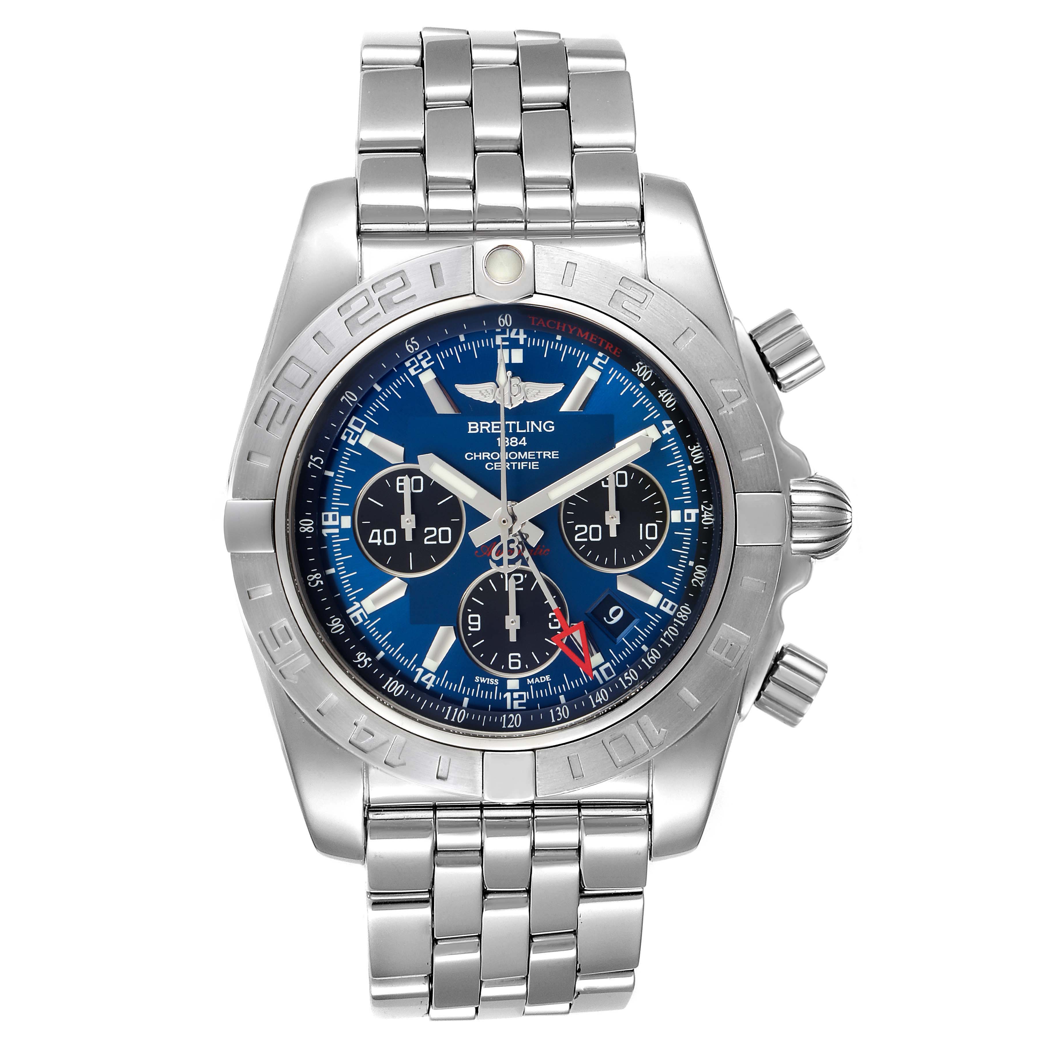 This is a front view of a Breitling Chronomat AB042011/C851-375A Men
s Stainless Steel Blue Dial AB042011/C851-375A Men
s Stainless Steel Blue Dial watch showcasing its face, bezel, and bracelet.