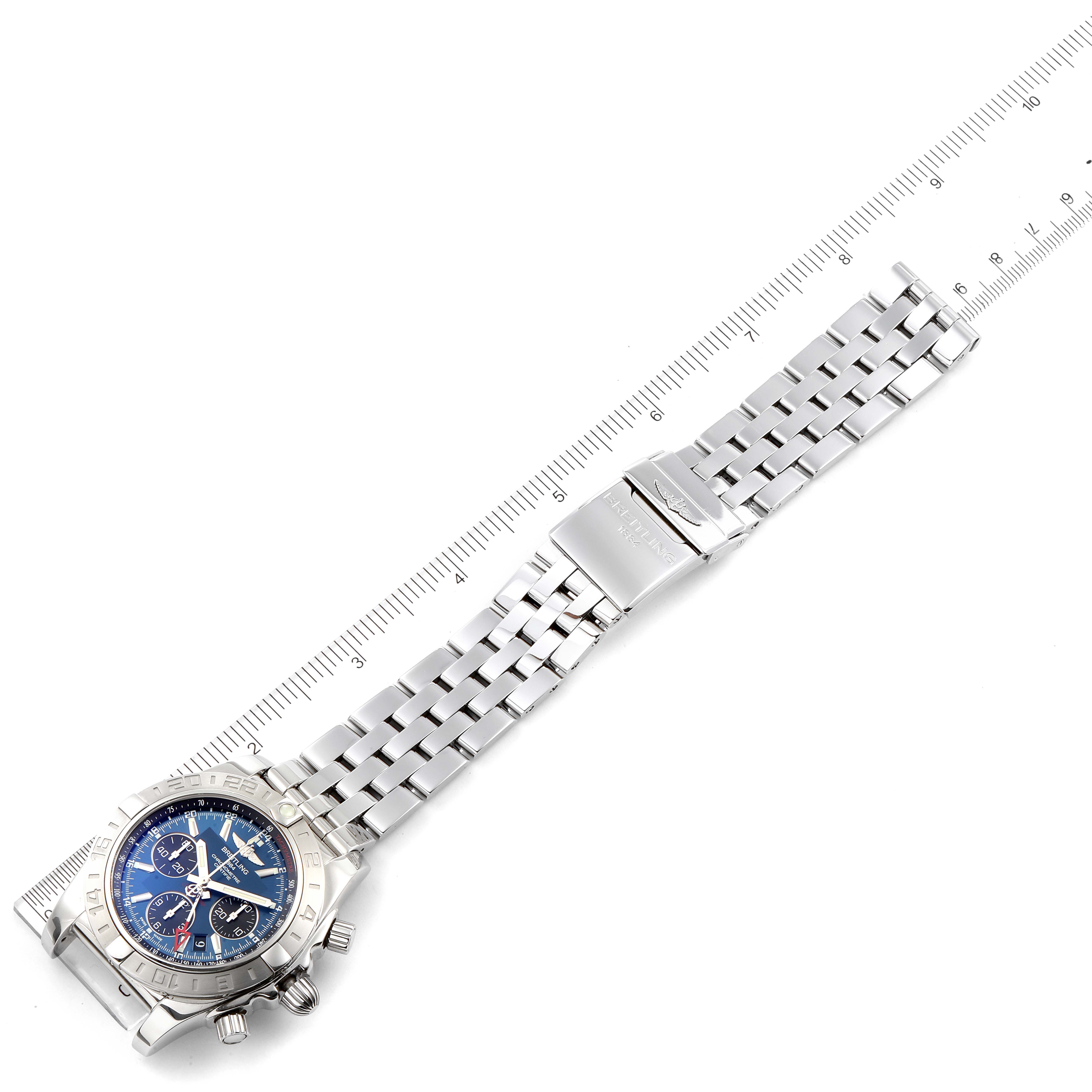 The image shows a top view of a Breitling Chronomat AB042011/C851-375A Men
s Stainless Steel Blue Dial AB042011/C851-375A Men
s Stainless Steel Blue Dial watch, featuring its steel link bracelet, clasp, and blue dial.