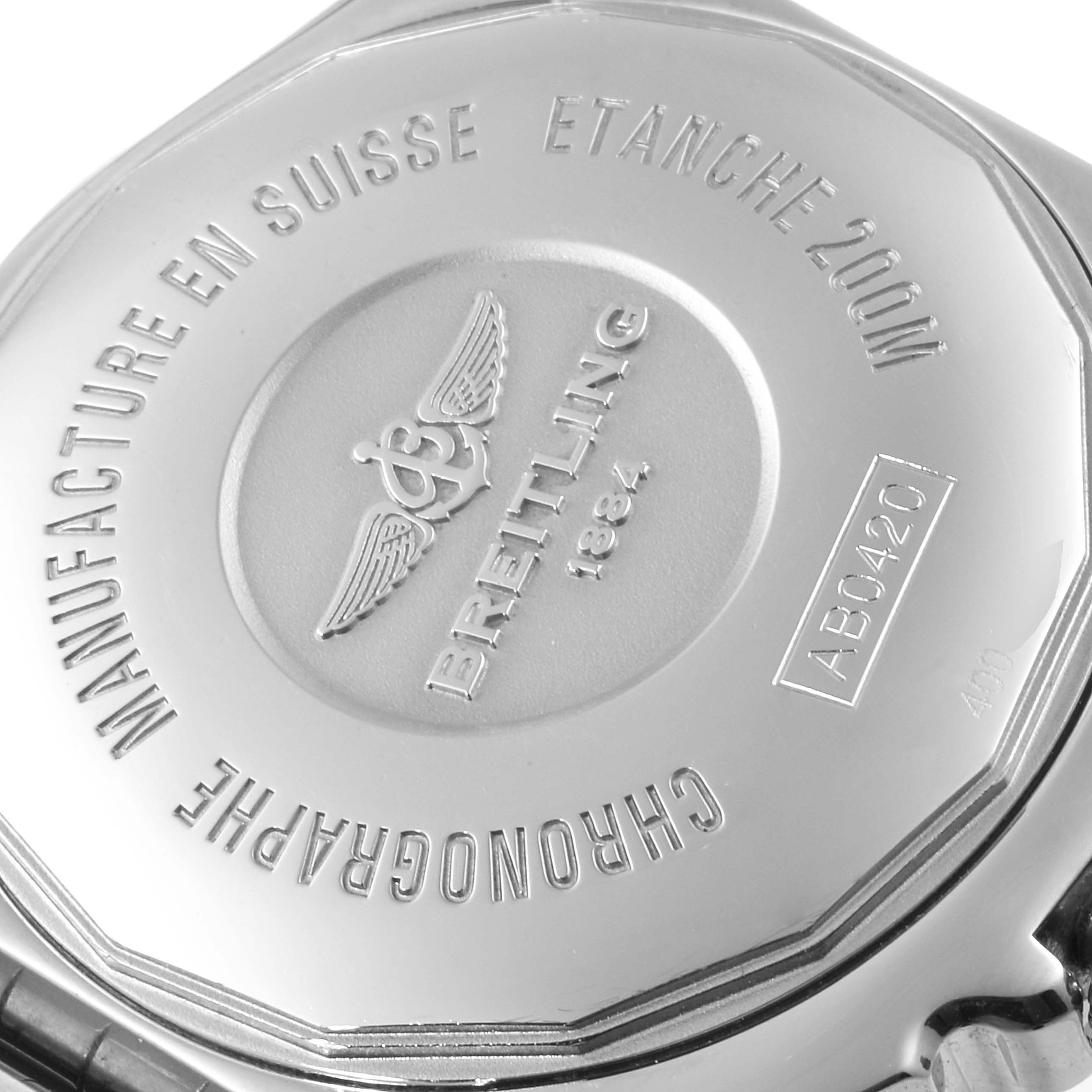 This image shows the back case of a Breitling Chronomat AB042011/C851-375A Men
s Stainless Steel Blue Dial AB042011/C851-375A Men
s Stainless Steel Blue Dial watch, highlighting its engravings.
