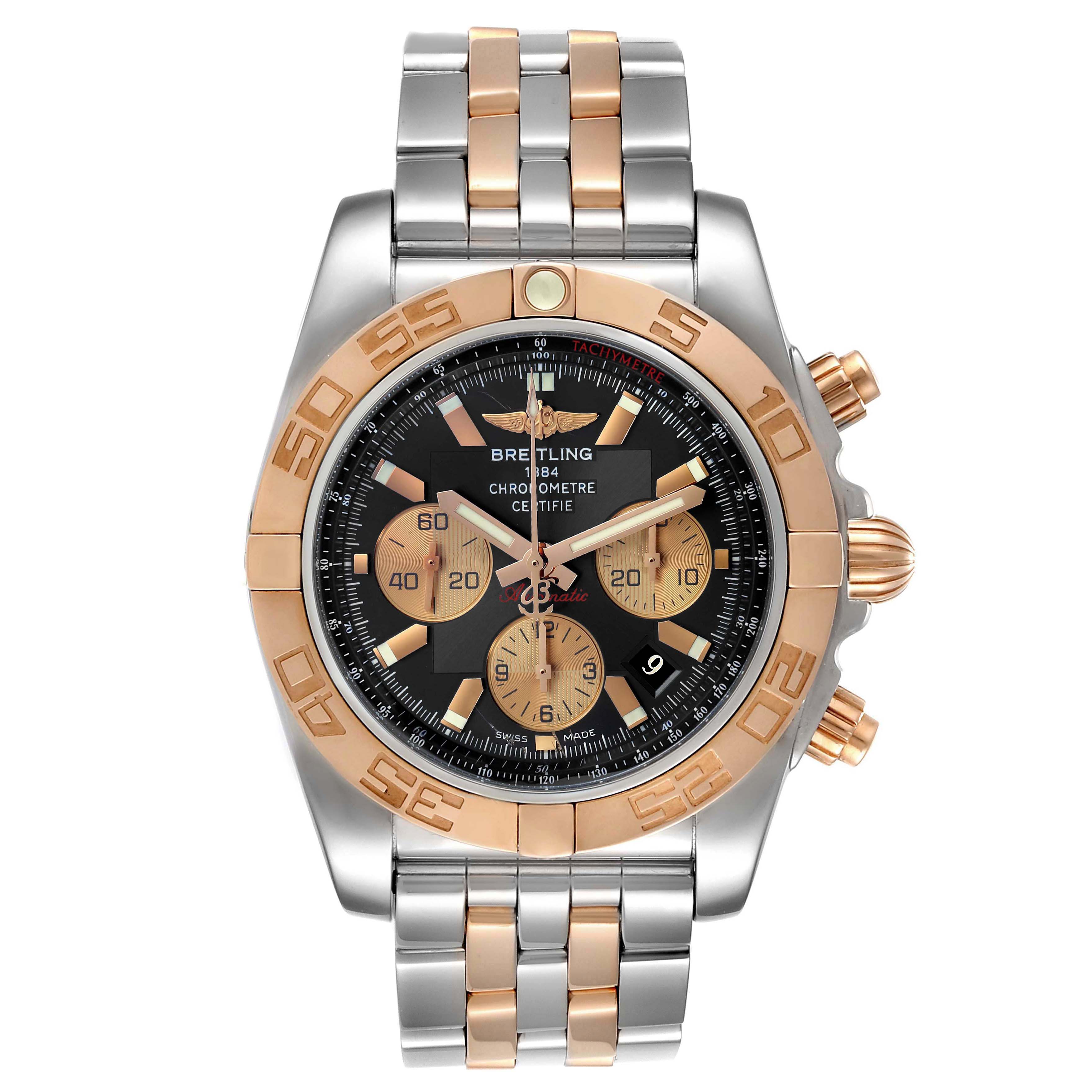 The Breitling Chronomat CB011012/C790 Men
s Steel and Gold (two tone) Black Dial CB011012/C790 Men
s Steel and Gold (two tone) Black Dial watch is shown from the front, displaying its face, bezel, and two-tone metal bracelet.