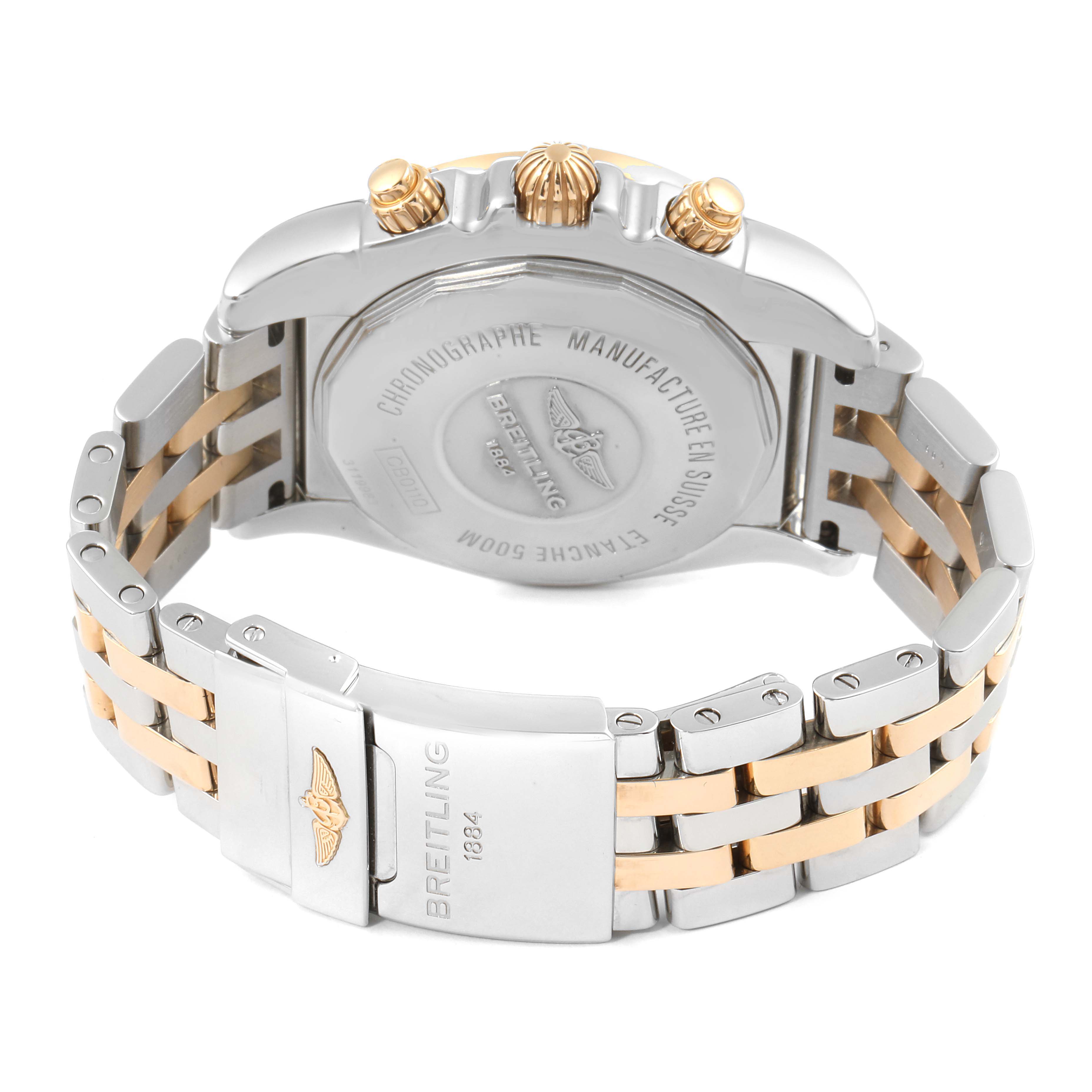 The image shows the back case and bracelet of the Breitling Chronomat CB011012/C790 Men
s Steel and Gold (two tone) Black Dial CB011012/C790 Men
s Steel and Gold (two tone) Black Dial watch, highlighting the clasp and crown.
