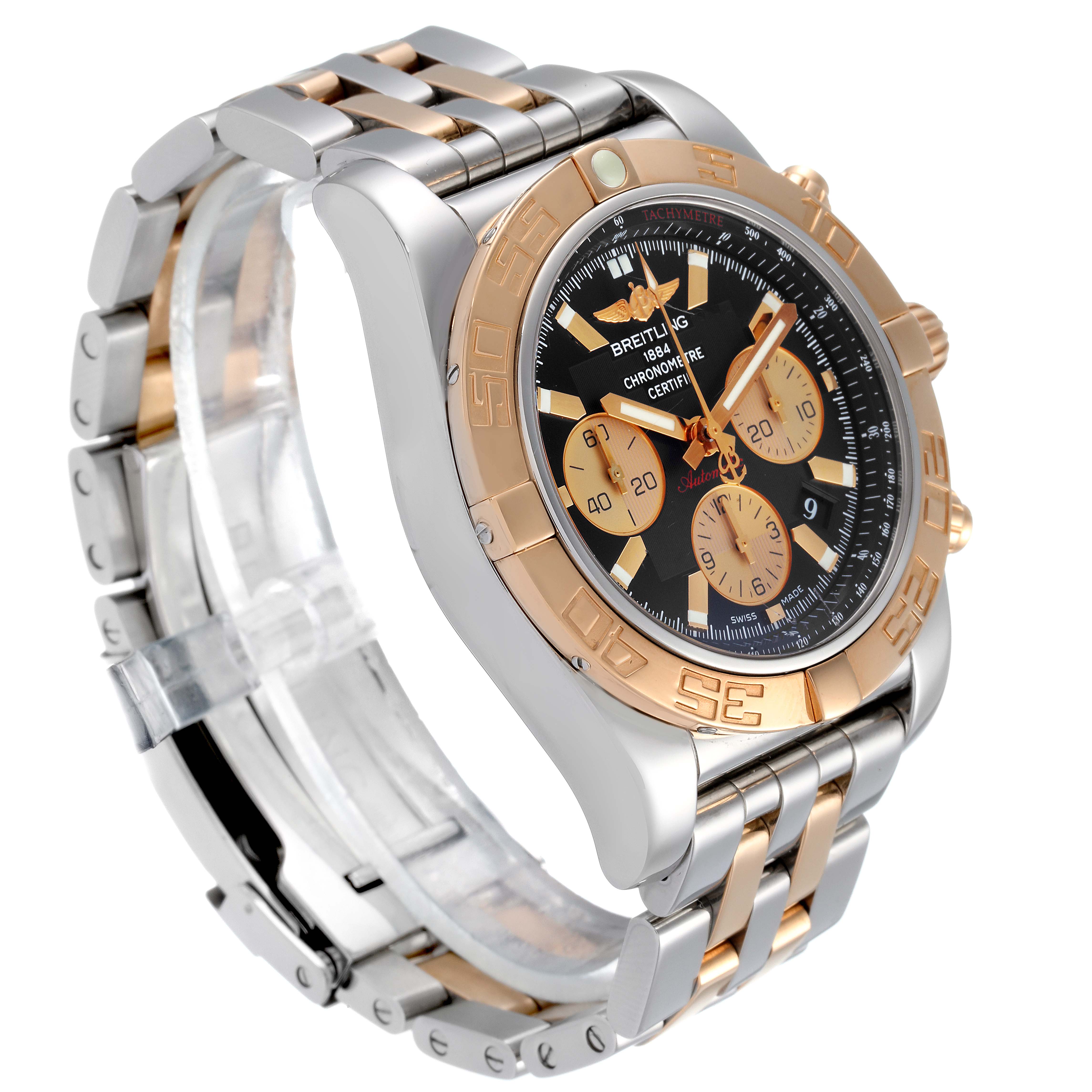 This Breitling Chronomat CB011012/C790 Men
s Steel and Gold (two tone) Black Dial CB011012/C790 Men
s Steel and Gold (two tone) Black Dial watch is shown from an angled side view, highlighting the dial, bezel, and two-tone bracelet.