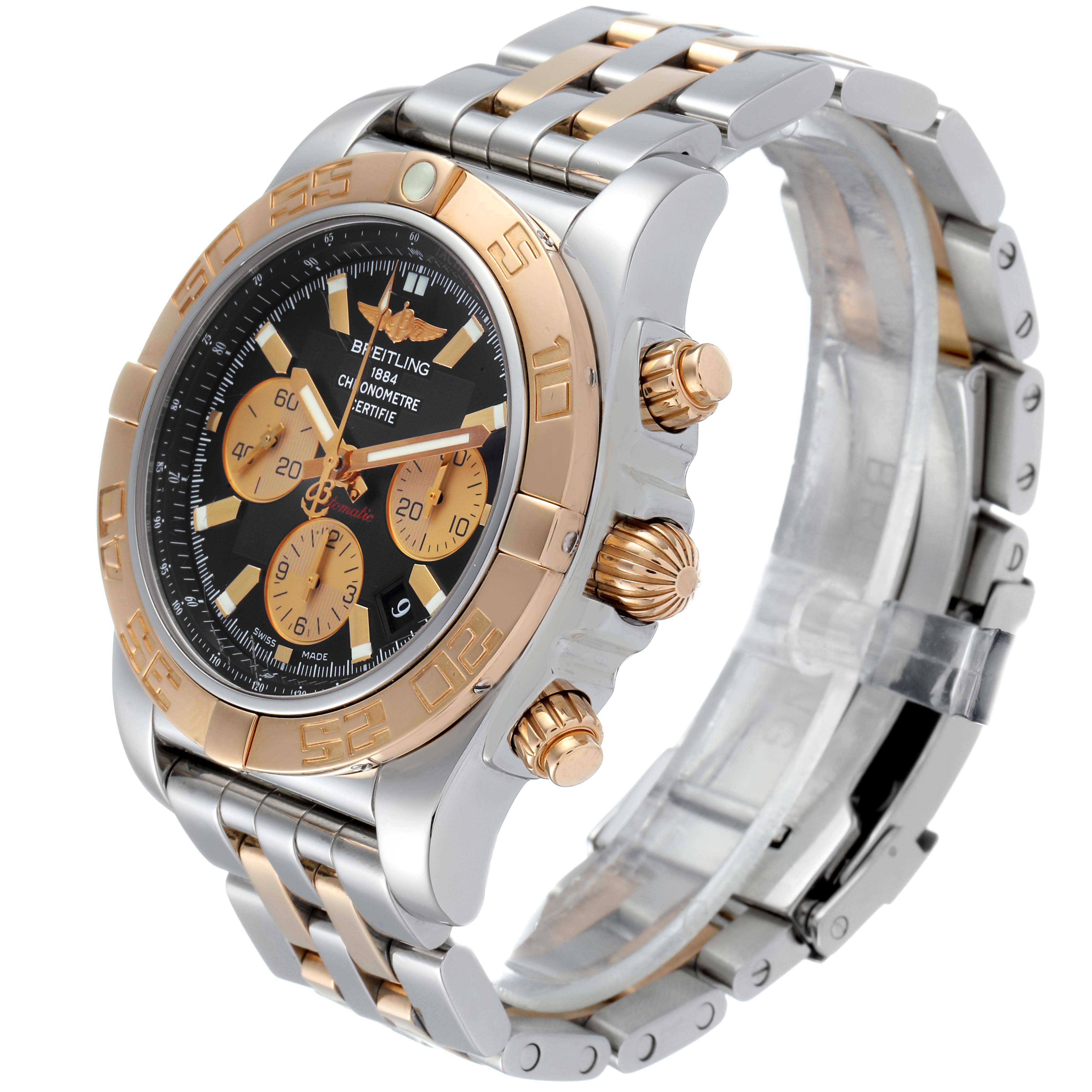 The Breitling Chronomat CB011012/C790 Men
s Steel and Gold (two tone) Black Dial CB011012/C790 Men
s Steel and Gold (two tone) Black Dial watch is shown at a three-quarter angle, displaying the face, crown, pushers, and two-tone bracelet.