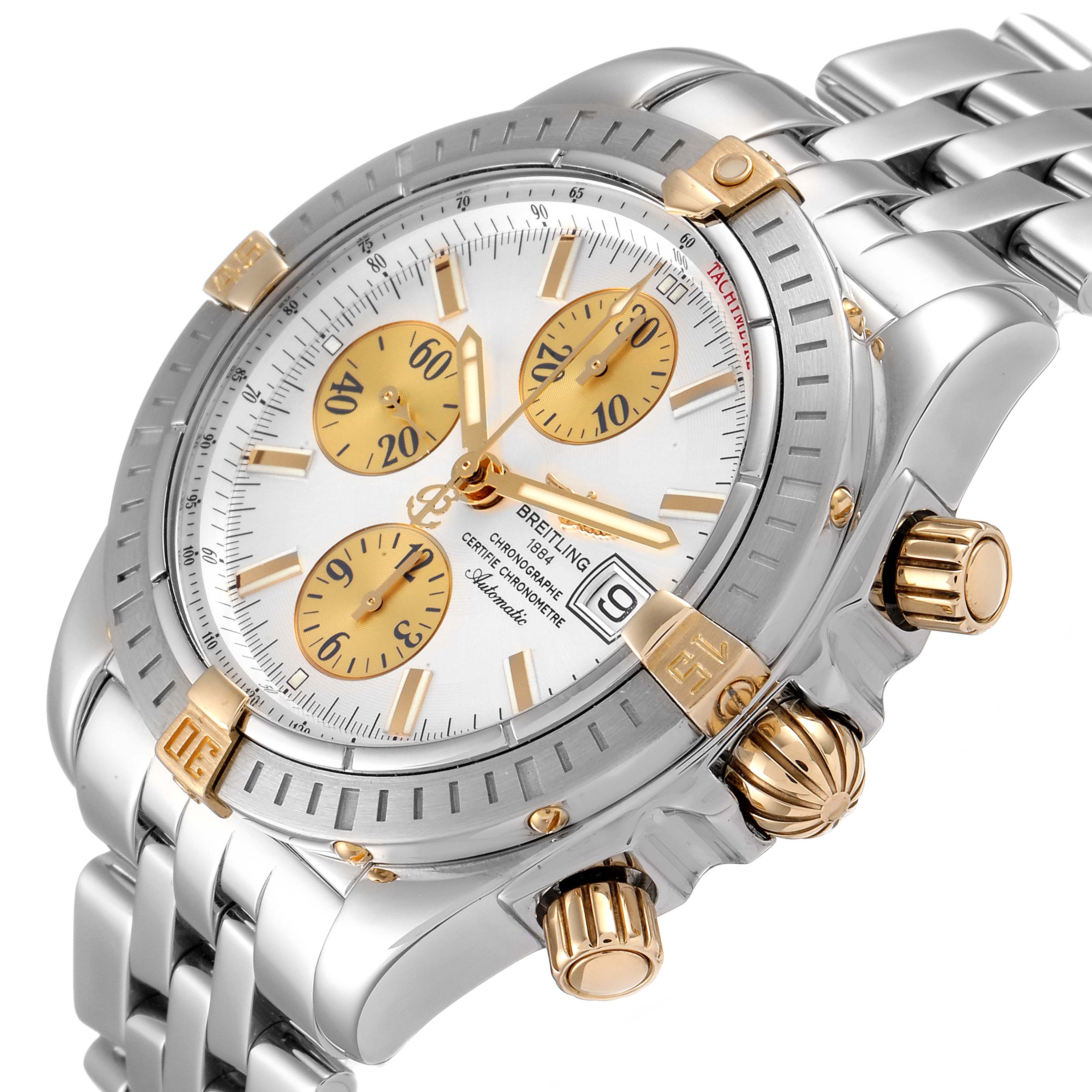The image shows a close-up side angle of the Breitling Chronomat B13356 Men's Steel and Gold (two tone) Silver Dial B13356 Men's Steel and Gold (two tone) Silver Dial watch, highlighting its dial, chronograph subdials, and case.